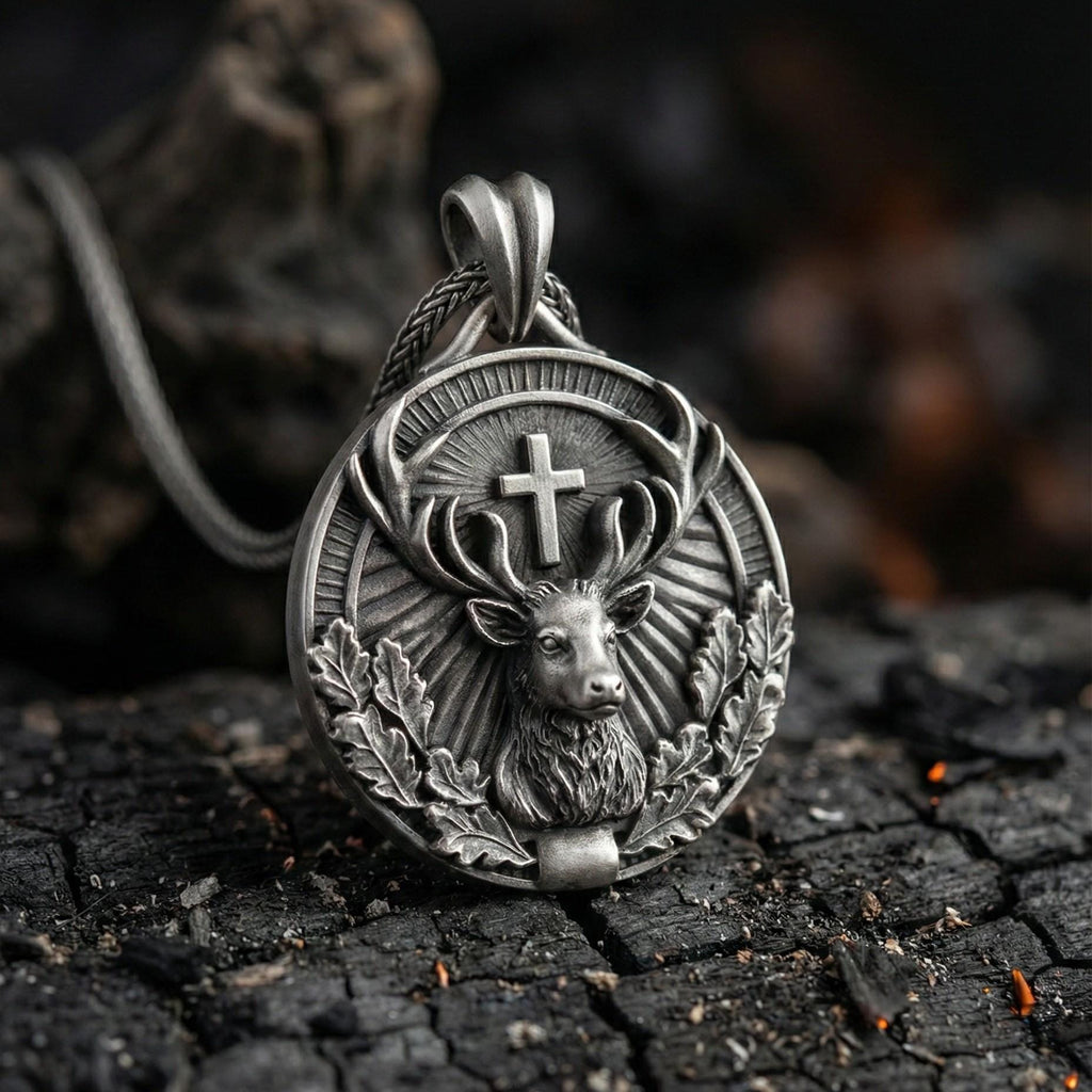 Aziz Hubertus Geyik Kolye Ucu Oksitlenmiş Gümüş Hristiyan Avcılık Sembolü Takı