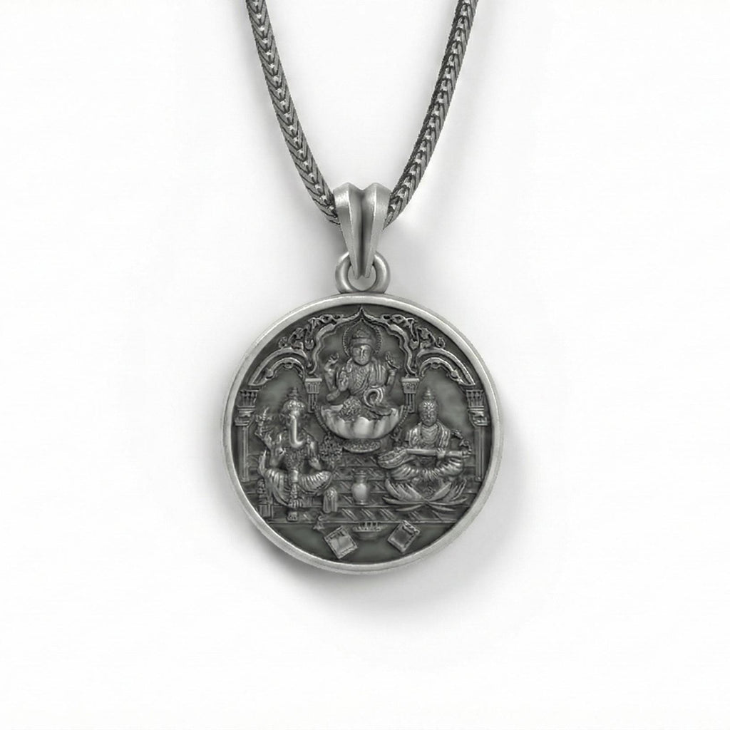 Lakshmi Ganesh Saraswati Kolyesi Oksitlenmiş Gümüş Hindu Takısı