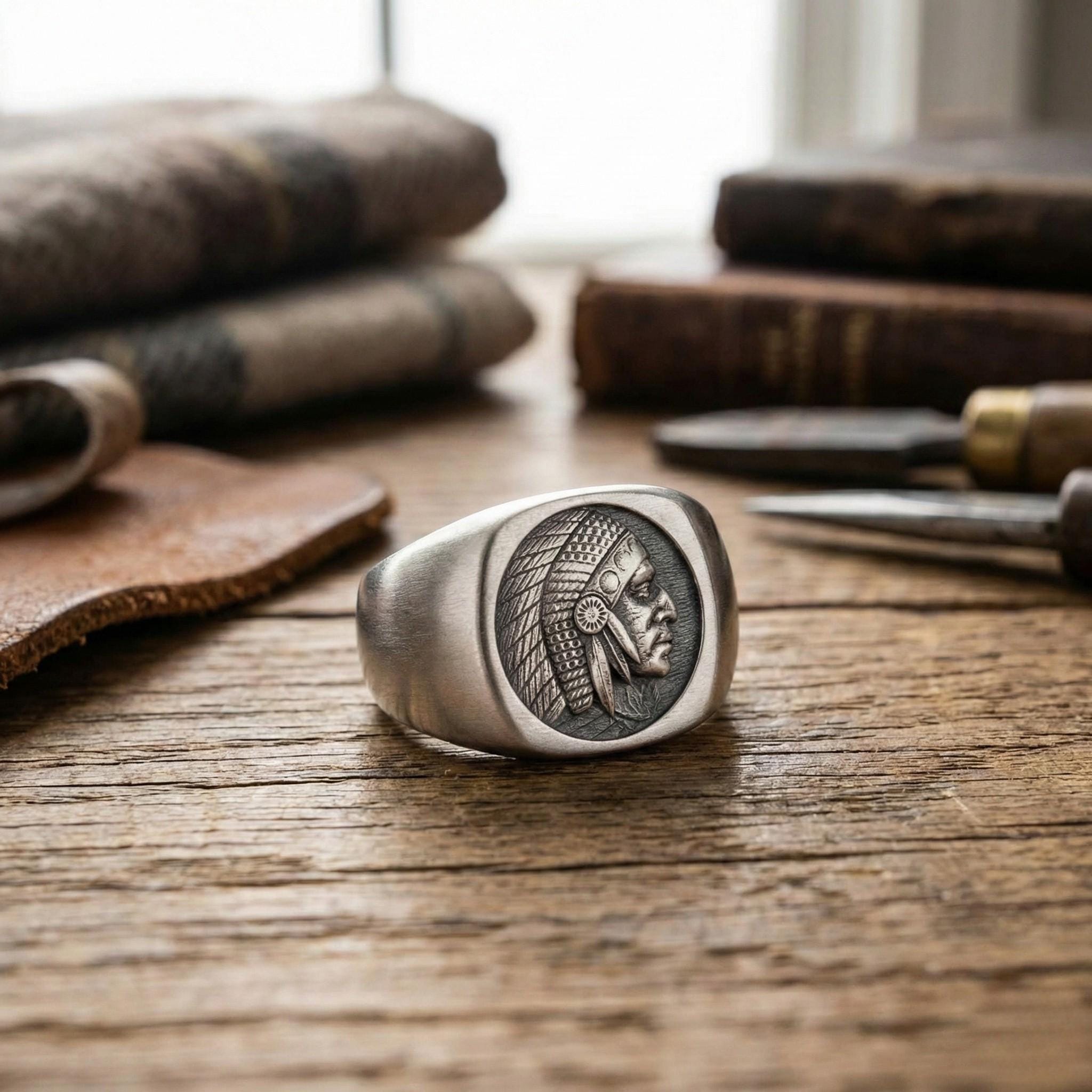 A silver ring with a carved head design sits on a wooden surface, surrounded by various objects such as books, a leather item, and a knife.