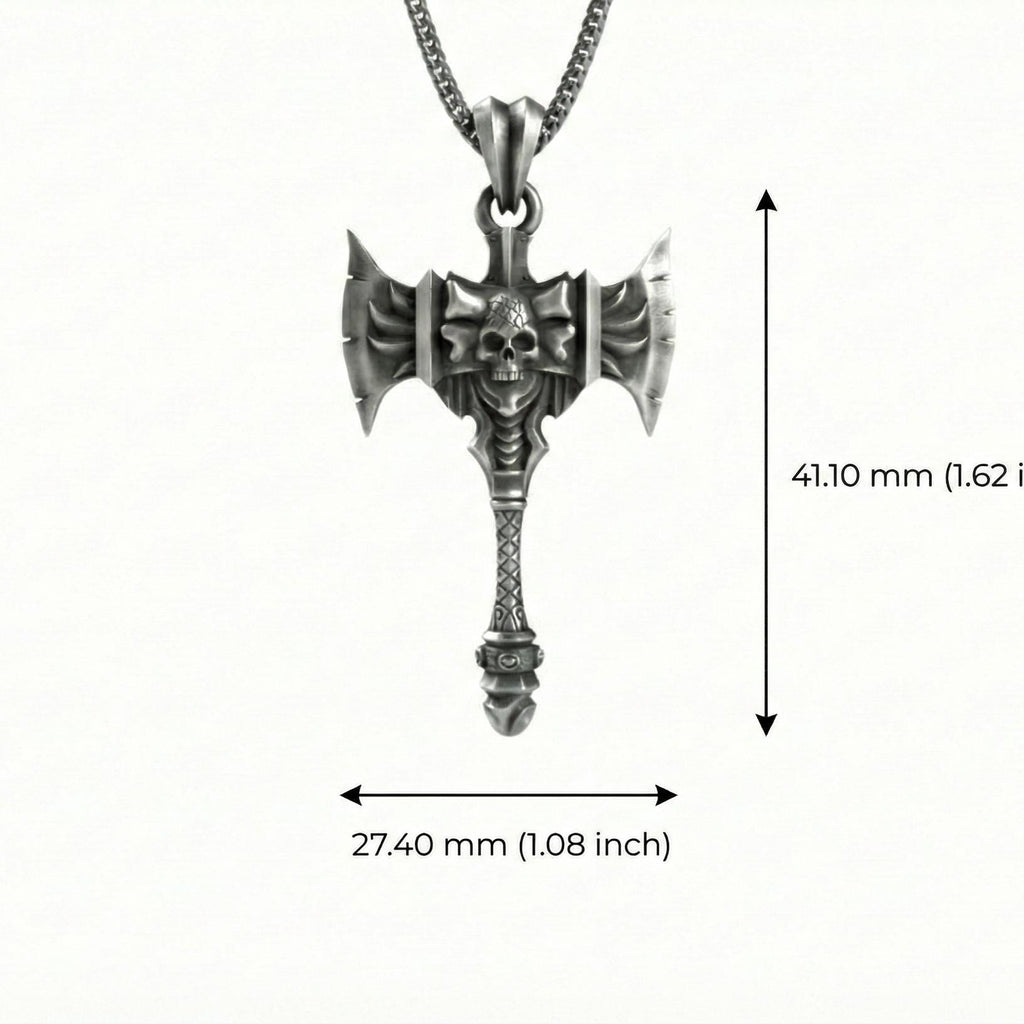 Savaş Baltası Kolye Ucu Oksitlenmiş Gümüş Kafatası Savaşçı Temalı Takı