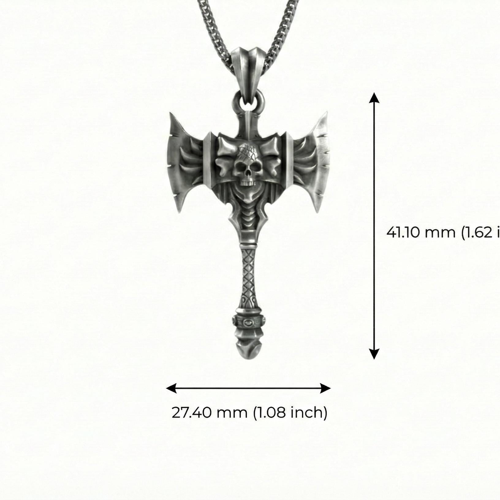 Savaş Baltası Kolye Ucu Oksitlenmiş Gümüş Kafatası Savaşçı Temalı Takı