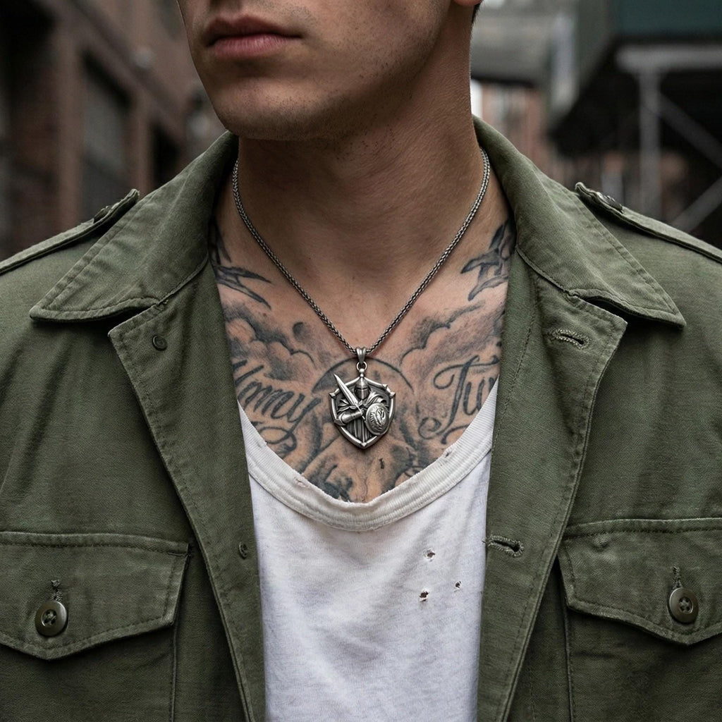 Şövalye Kalkanı Gümüş Kolye Ortaçağ Savaşçı Takısı