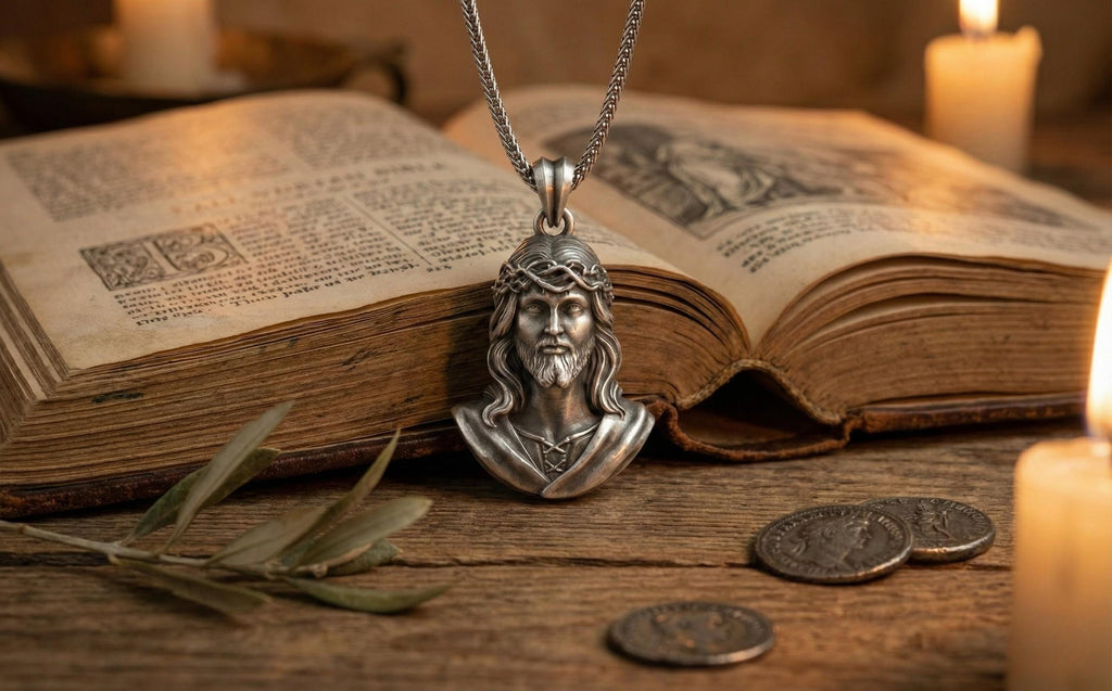 Antik Gümüş İsa Büstü Kolye Hristiyan Dini Madalyon Takı