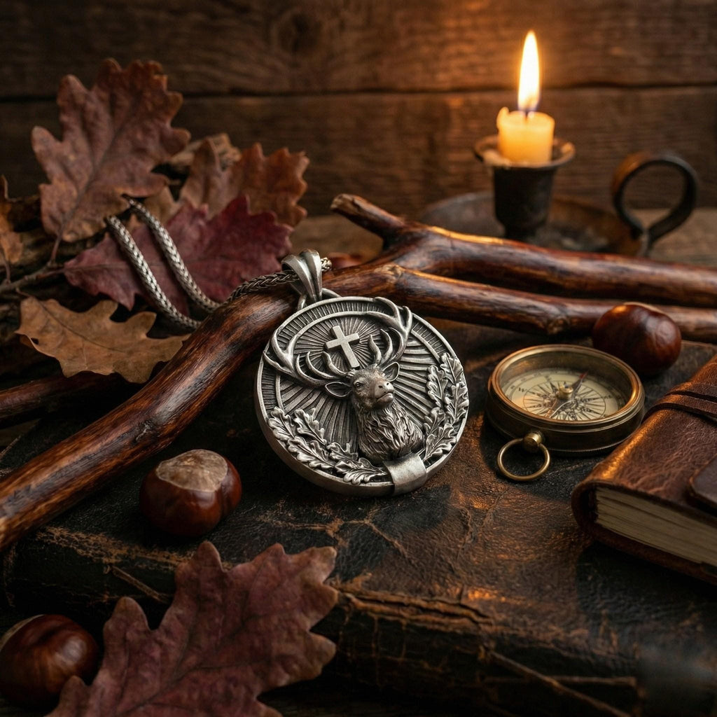 Aziz Hubertus Geyik Kolye Ucu Oksitlenmiş Gümüş Hristiyan Avcılık Sembolü Takı