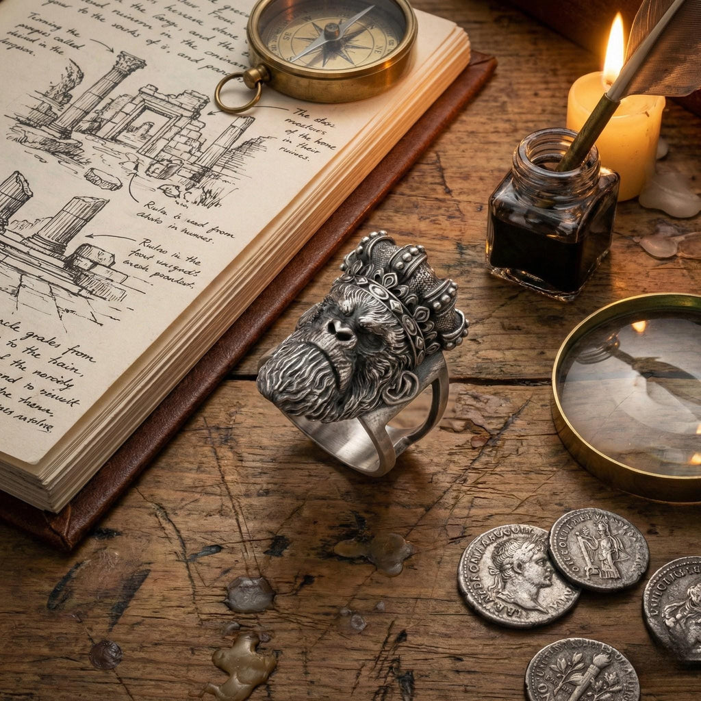 a ring with a lion's head design, a notebook, a compass, a pen, and some coins on a wooden surface.