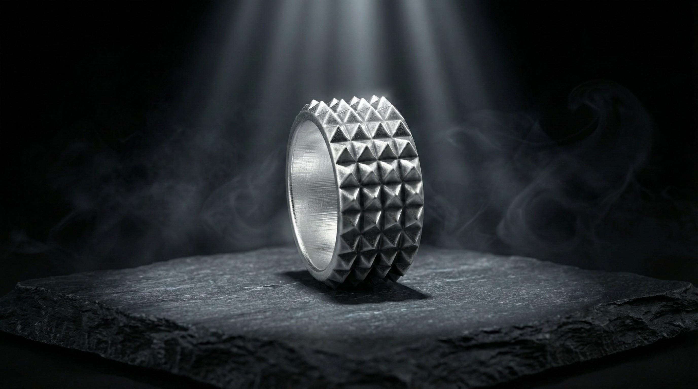 Oksitlenmiş Üçgen Dokuya Sahip Gümüş Piramit Şekilli Yüzük