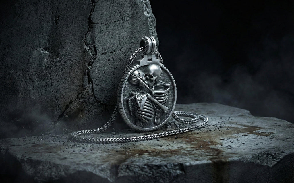 Gümüş Sarılan İskelet Çift Kolye Gotik Takı