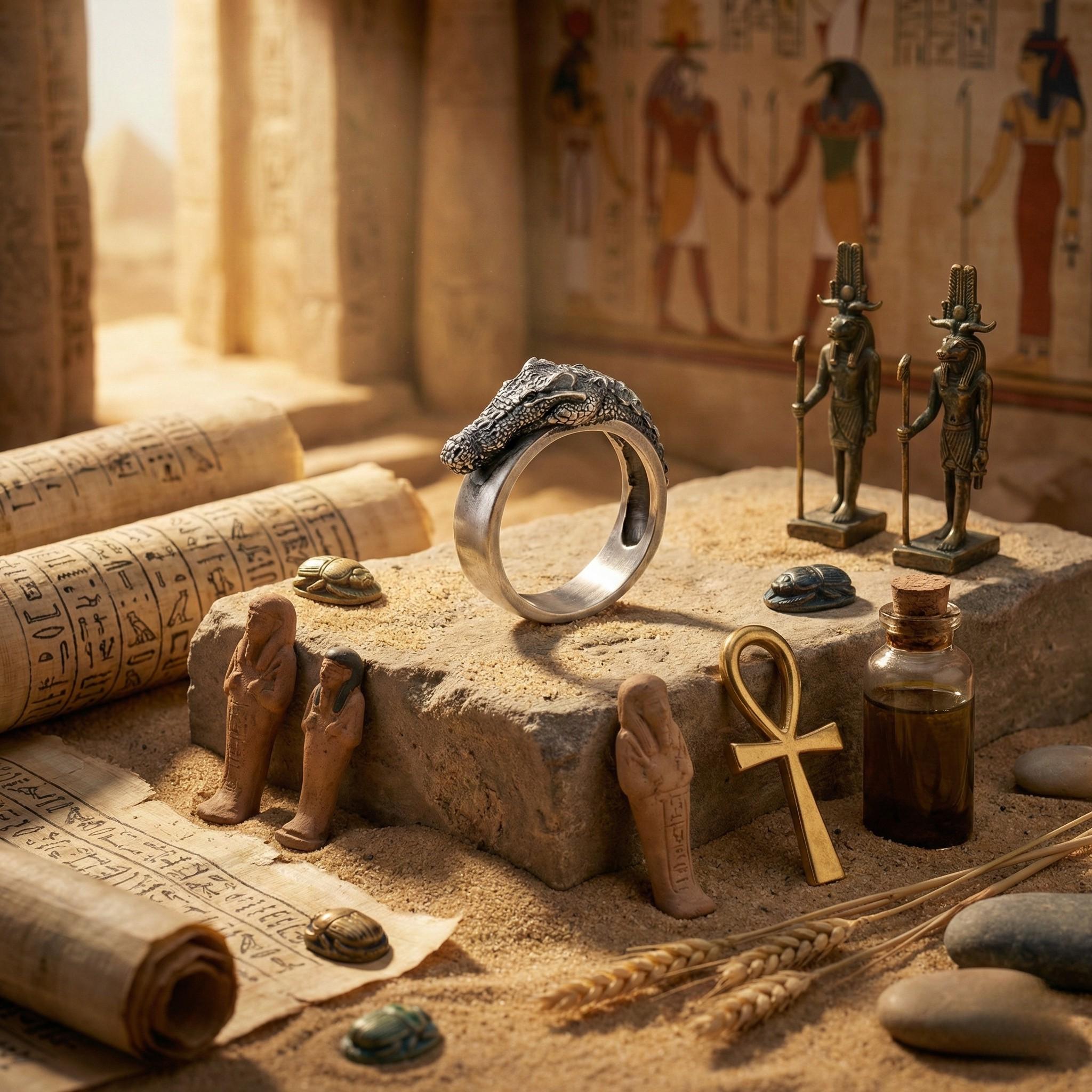 an assortment of ancient Egyptian artifacts and symbols, including a ring with a crocodile head, statues of Egyptian deities, and hieroglyphic texts.