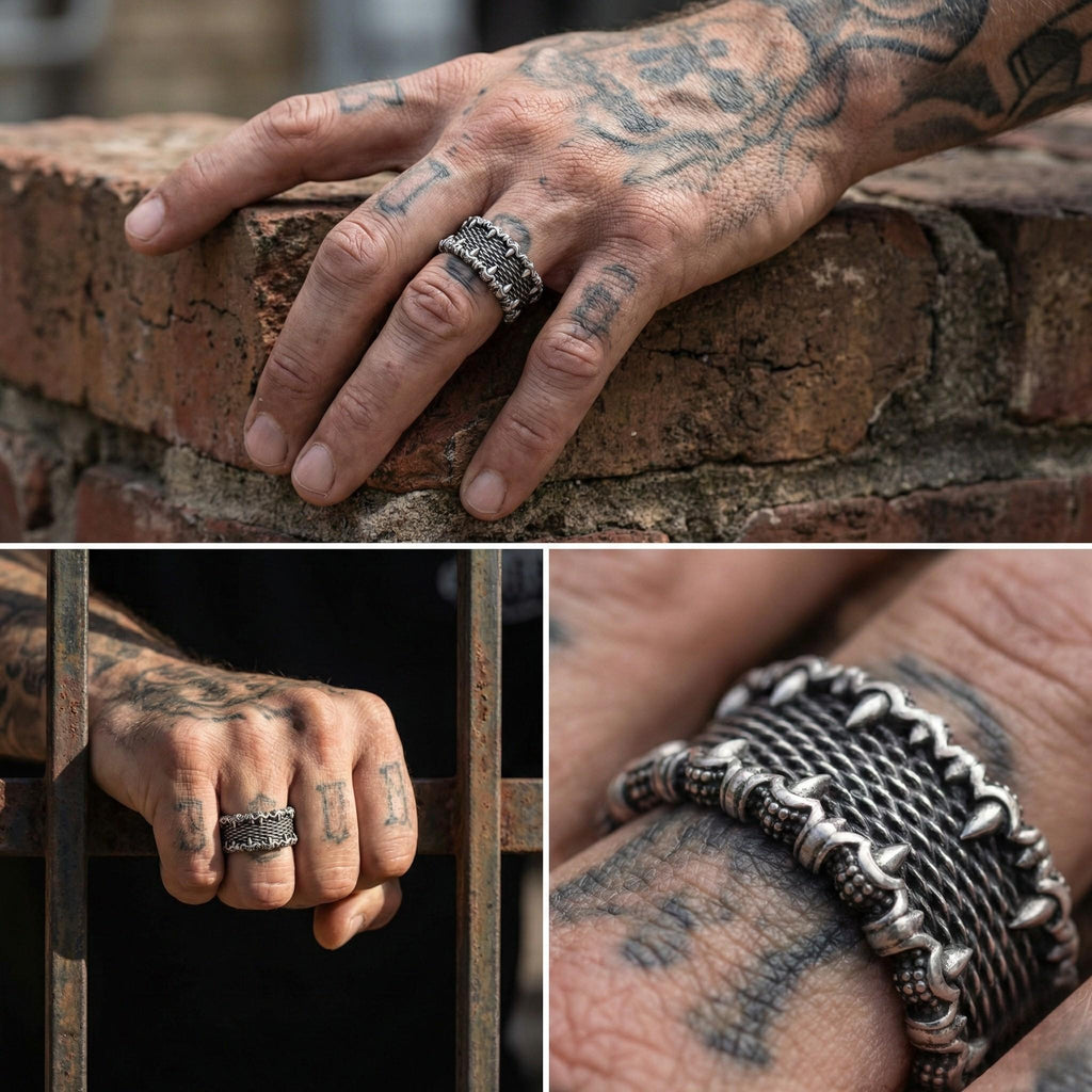 The image is a collage of three photos showing a person's hand with tattoos and a ring on a brick wall.