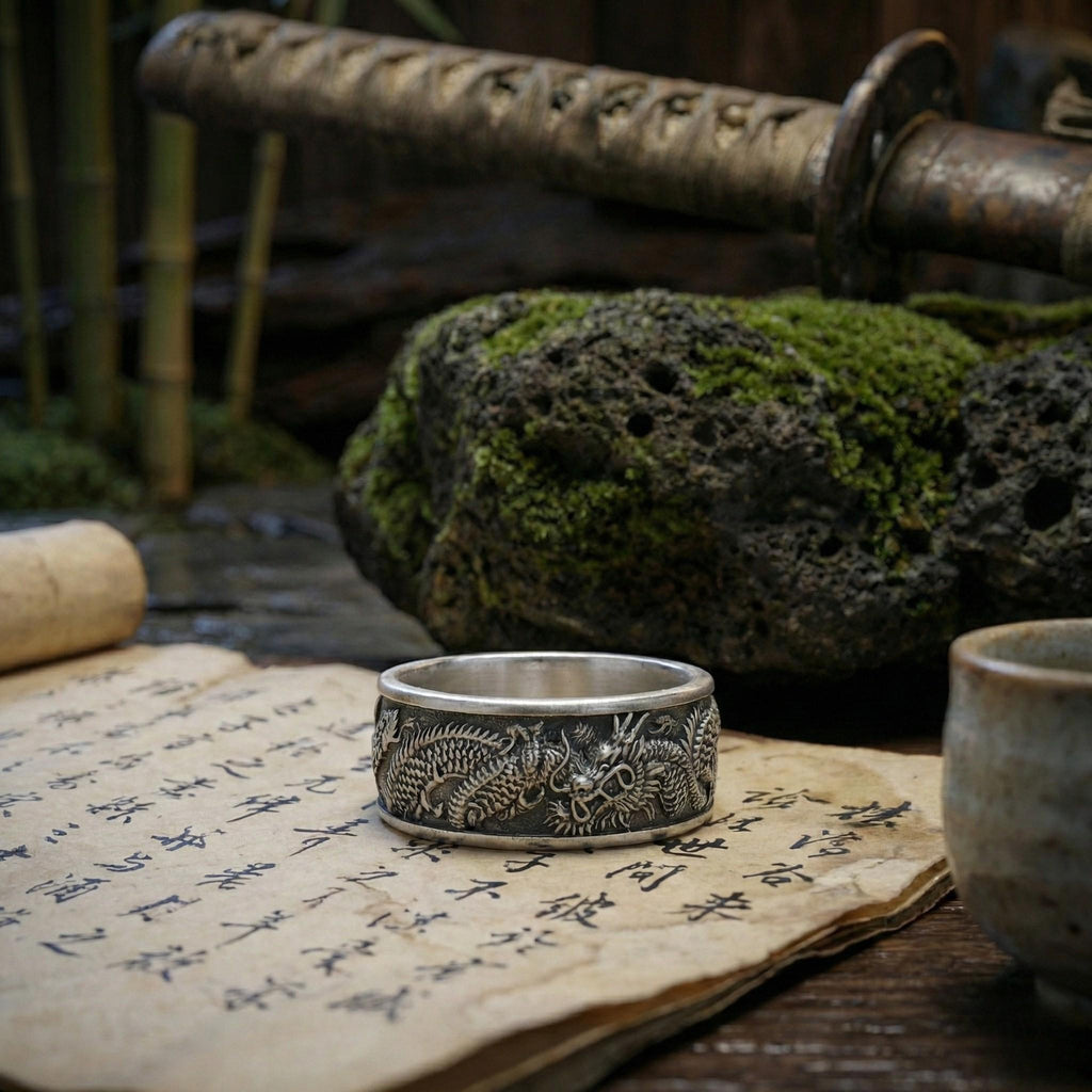 a silver ring with a dragon design, placed on top of an old scroll with Chinese characters, with a bamboo sword and a mossy rock in the background.