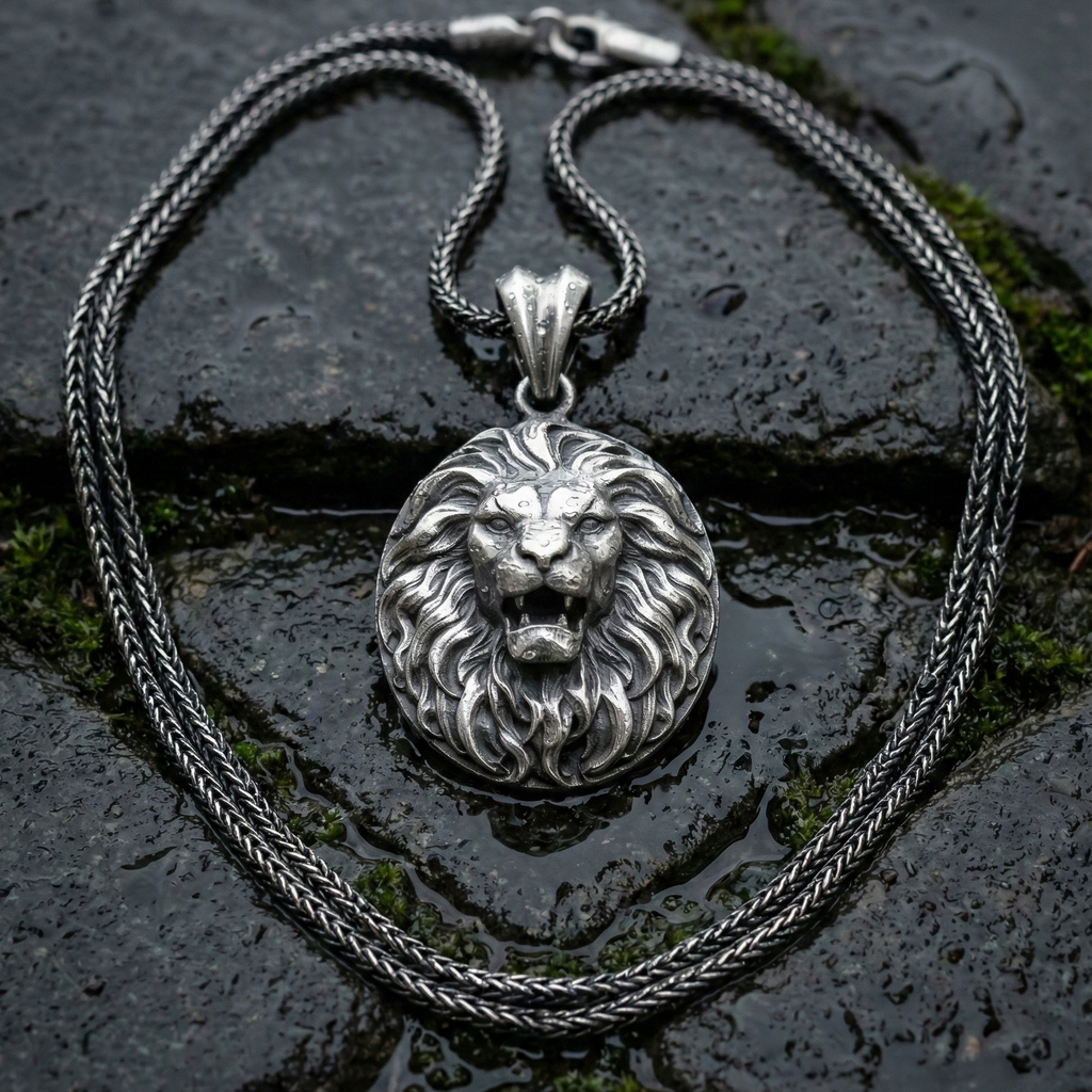 Aslan Kolye: Oksitli Gümüş - El Yapımı Erkek Takısı