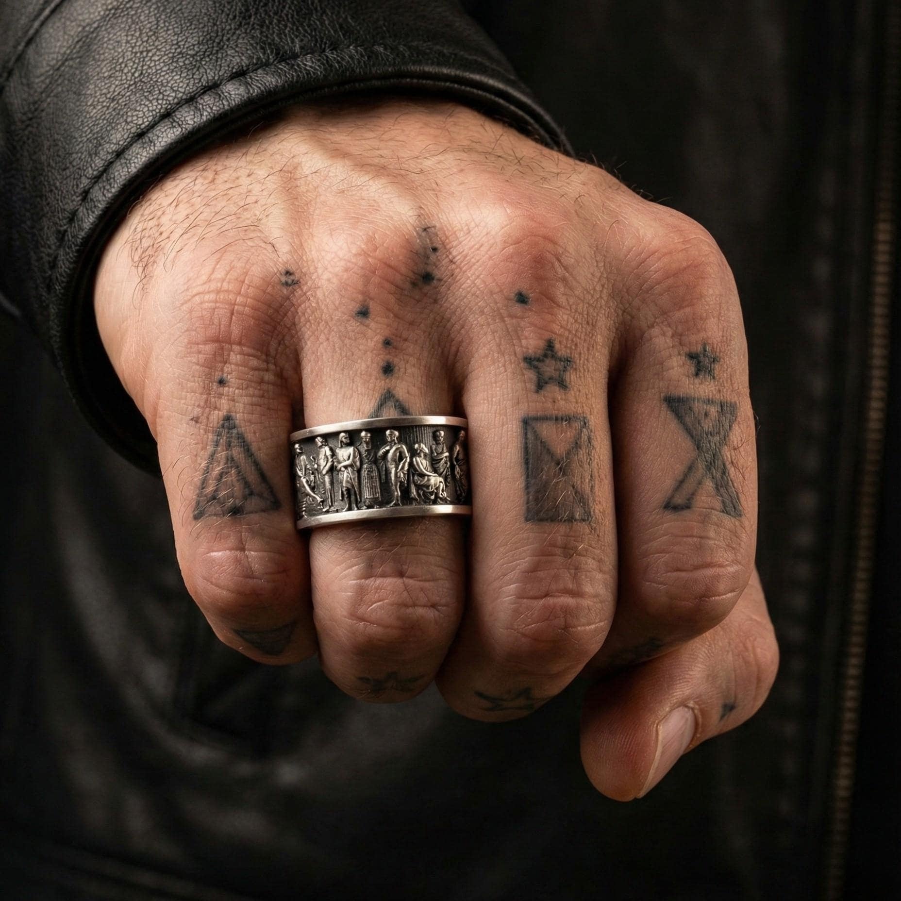 A close-up of a person's hand with multiple tattoos on the fingers, wearing a ring on one of the fingers.