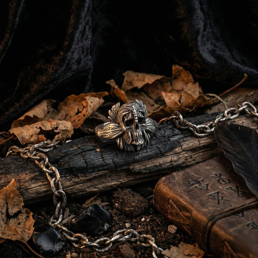 a silver ring with a skull design, surrounded by a chain, leaves, and a book with mysterious symbols on its cover.