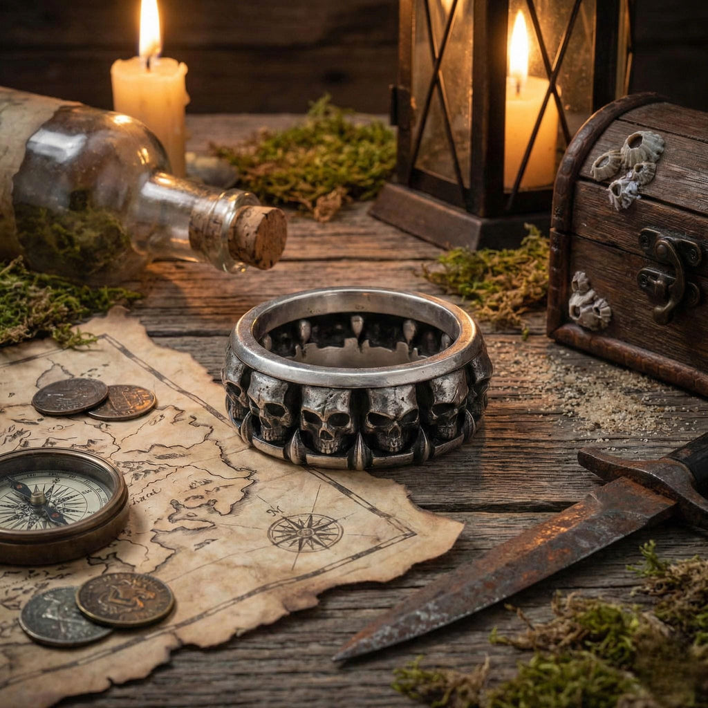 a pirate-themed scene with a pirate's treasure chest, a map, a compass, a silver bracelet with skull designs, a candle, and a lantern.