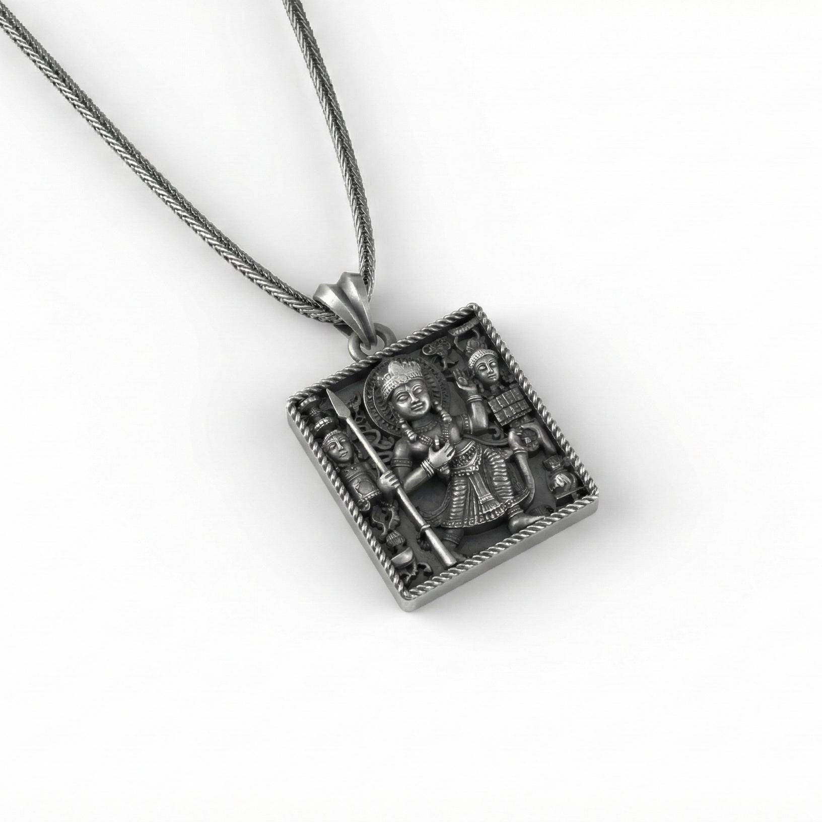 Durga Tanrıçası Kolye Ucu, Oksitlenmiş Gümüş Hindu Takısı