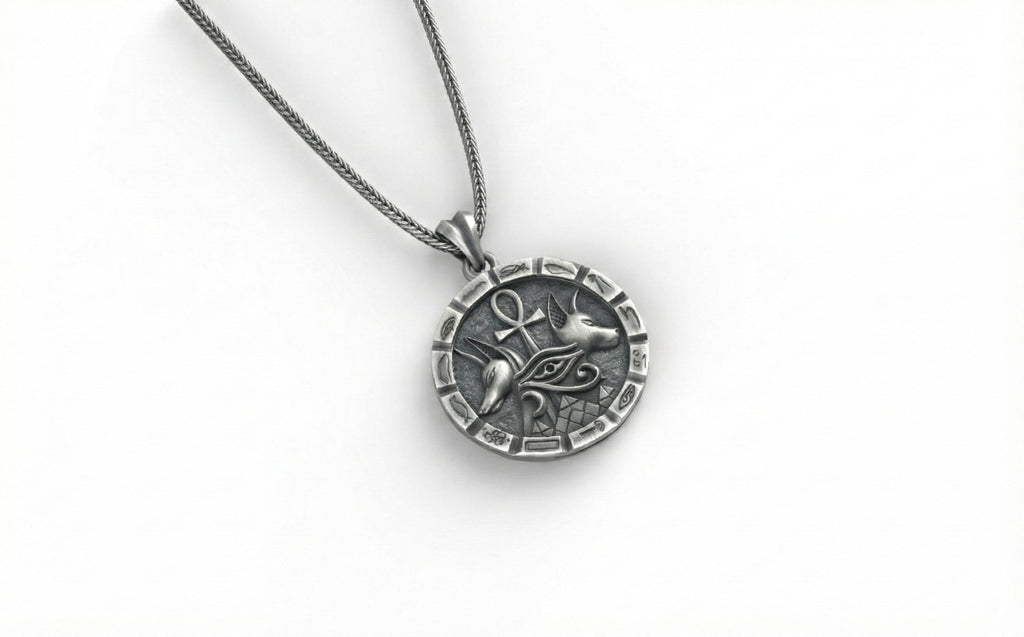 Antik Gümüş Anubis Ankh Horus'un Gözü Kolye Mısır Titolojisi Takı