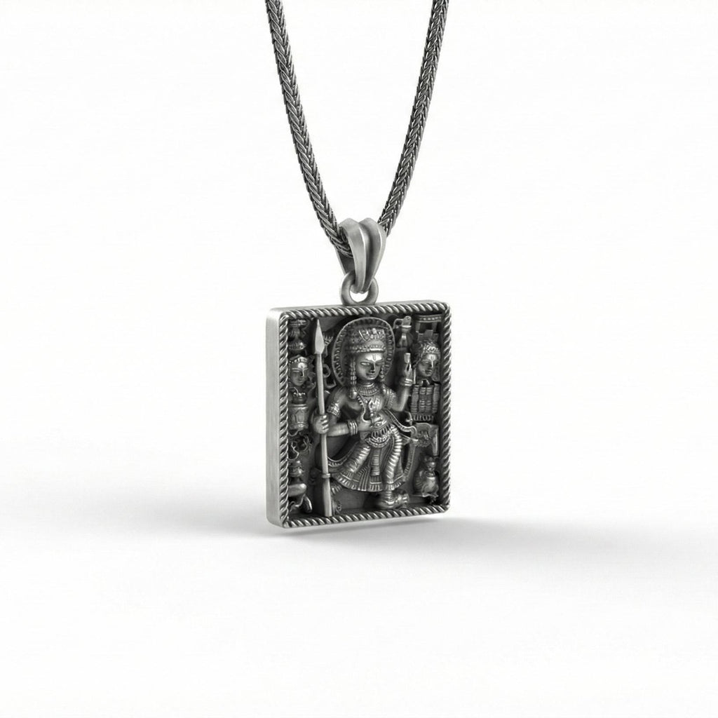 Durga Tanrıçası Kolye Ucu, Oksitlenmiş Gümüş Hindu Takısı