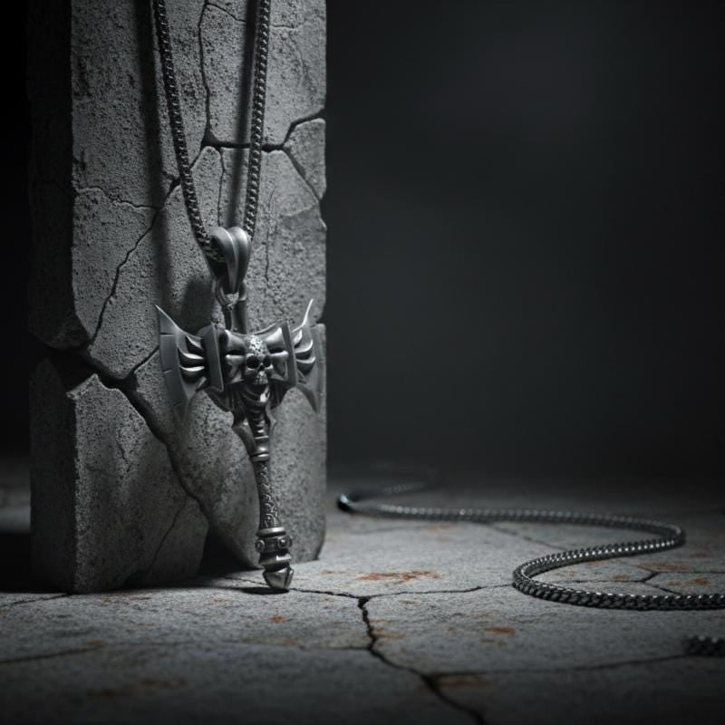 Savaş Baltası Kolye Ucu Oksitlenmiş Gümüş Kafatası Savaşçı Temalı Takı