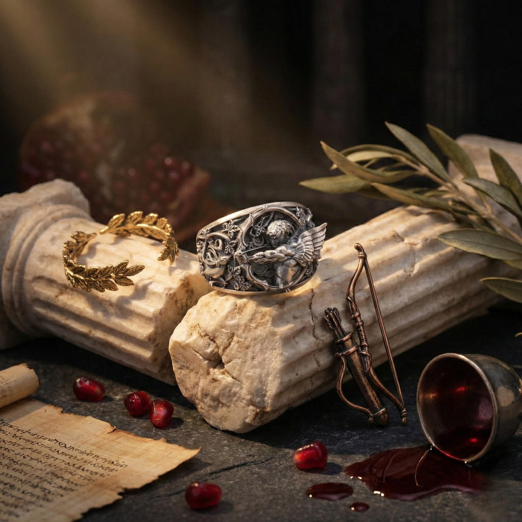 a ring, a bow and arrow, a scroll, and some pomegranate seeds, all arranged on a stone surface.