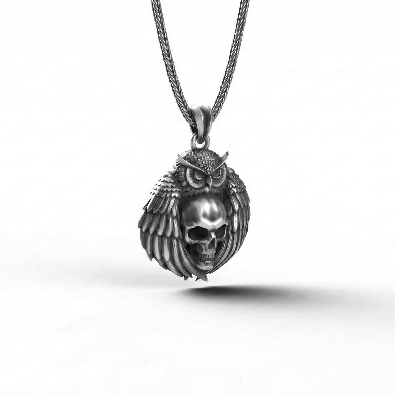 Baykuş Kafatası Kolye Ucu, Oksitlenmiş Gümüş, Gotik Bilgelik Temalı Takı