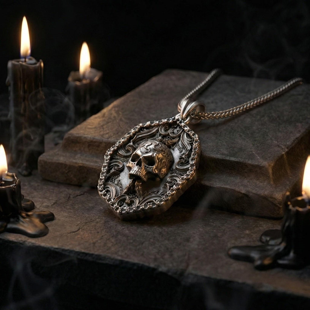 Süslemeli Kafatası Kolye Ucu Oksitlenmiş Gümüş Gotik Tarzı Gösterişli Takı