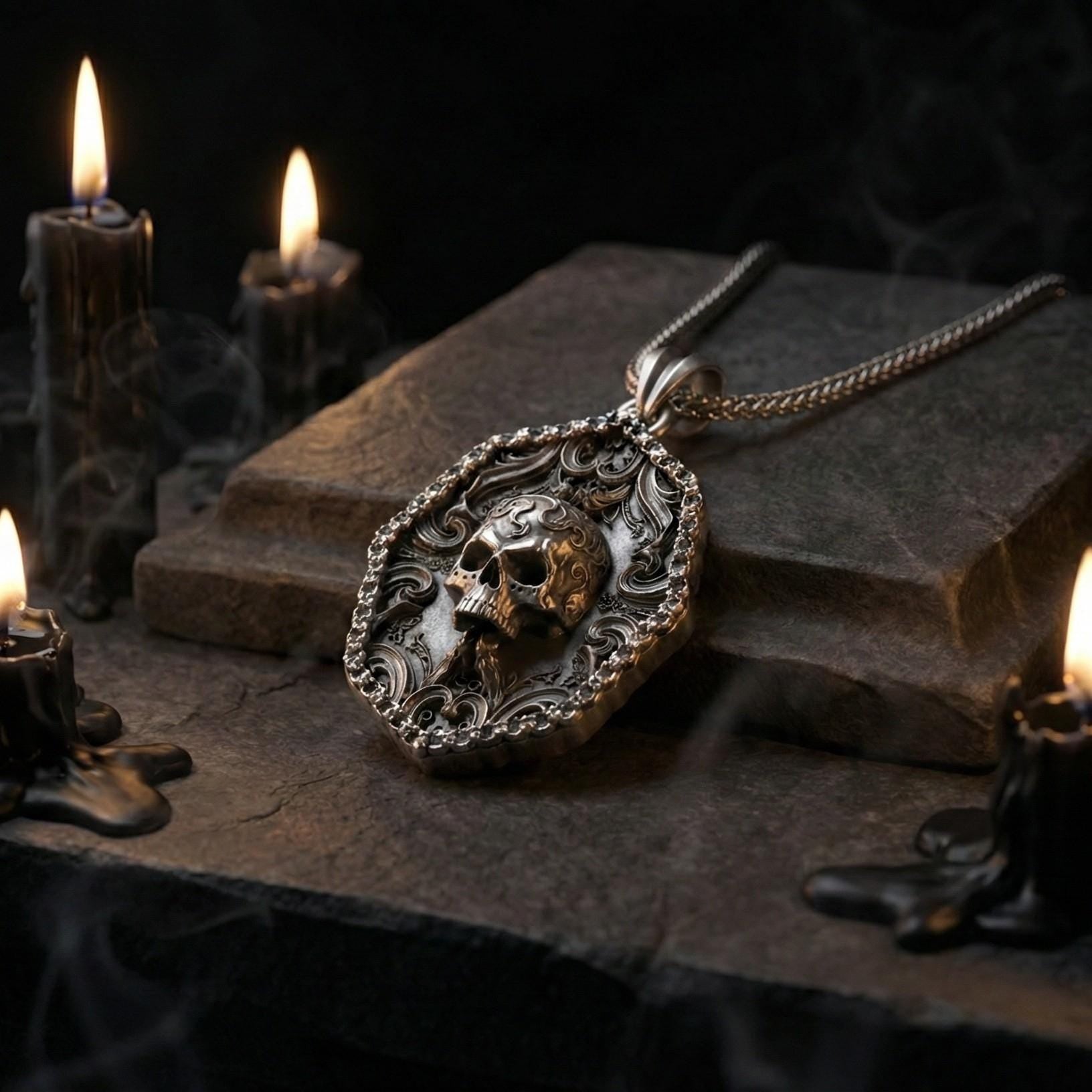 Süslemeli Kafatası Kolye Ucu Oksitlenmiş Gümüş Gotik Tarzı Gösterişli Takı