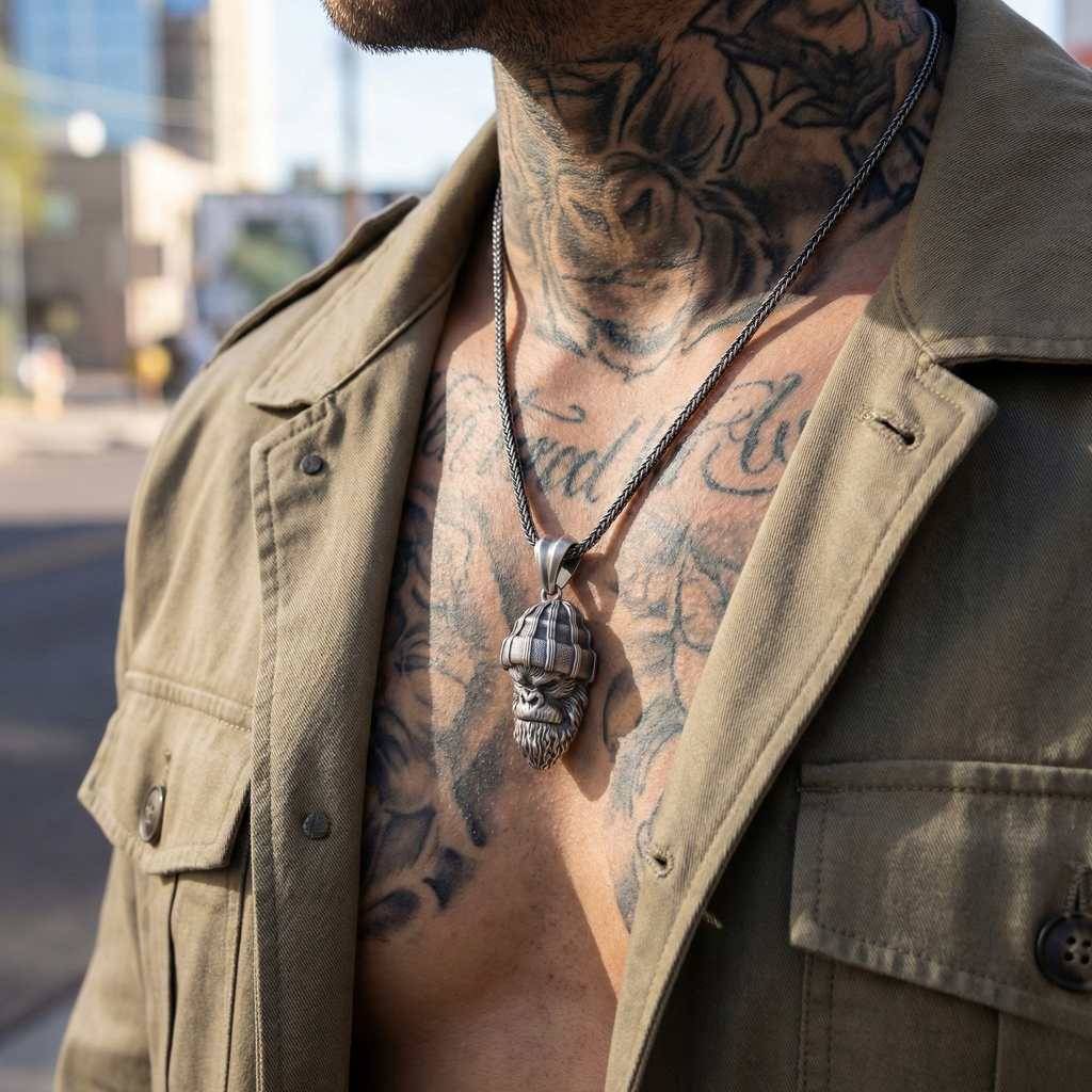 925 Ayar Gümüş Goril Kolye: El Yapımı Oksitli Erkek Kolyesi