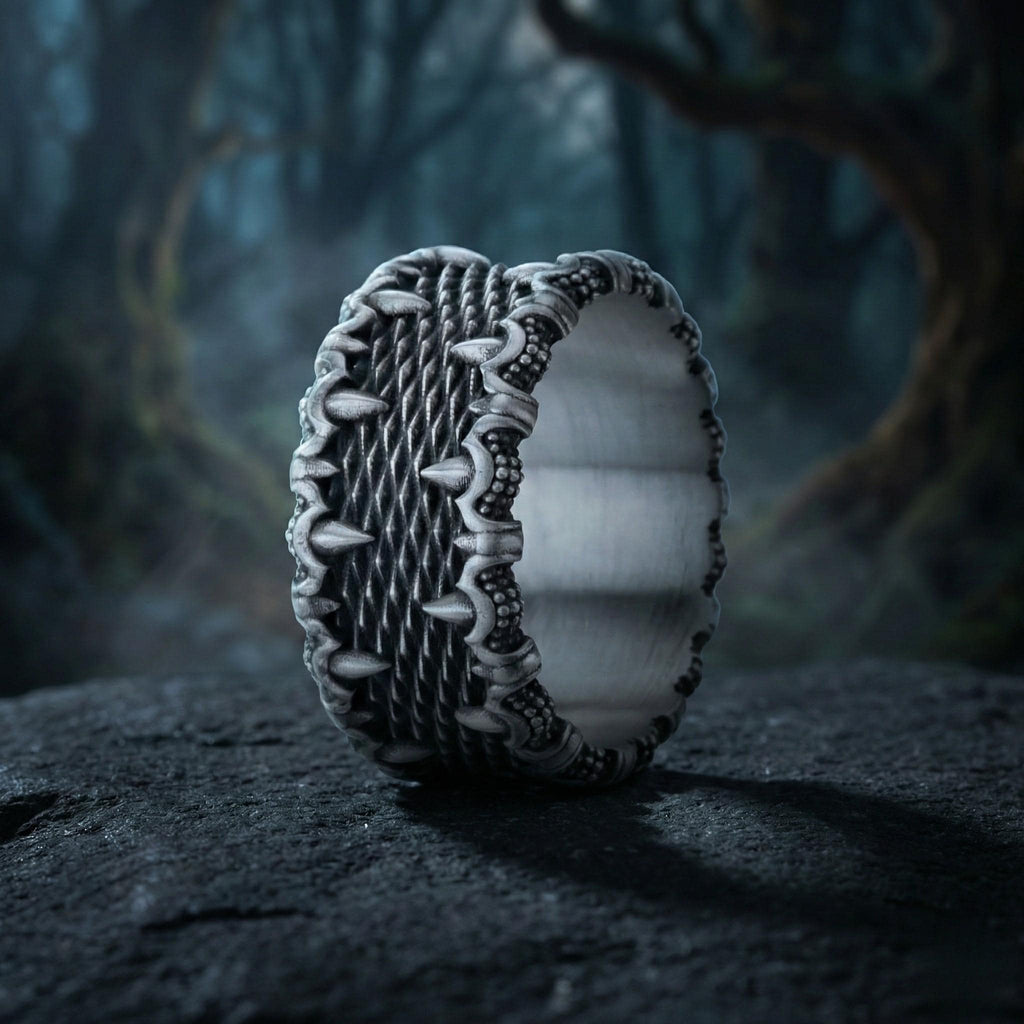 A silver ring with intricate designs sits on a rock in a dark, wooded area.