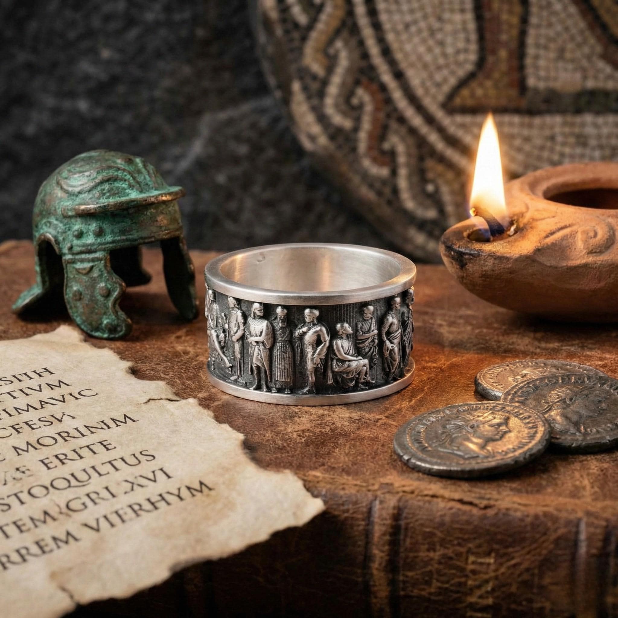 a silver ring with a detailed engraved design, a green helmet, a lit candle, a book, and some coins on a wooden surface.
