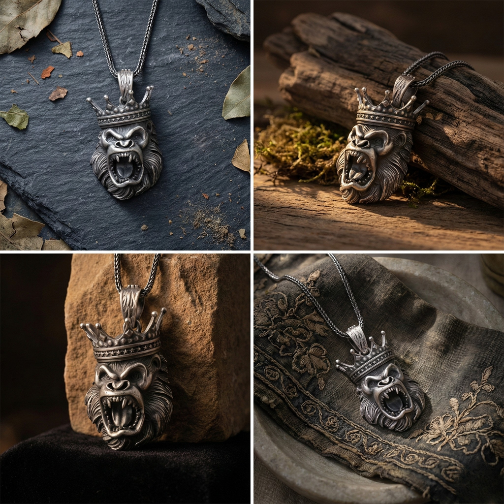 Goril Kolye: El Yapımı Oksitli 925 Ayar Gümüş Erkek Takısı