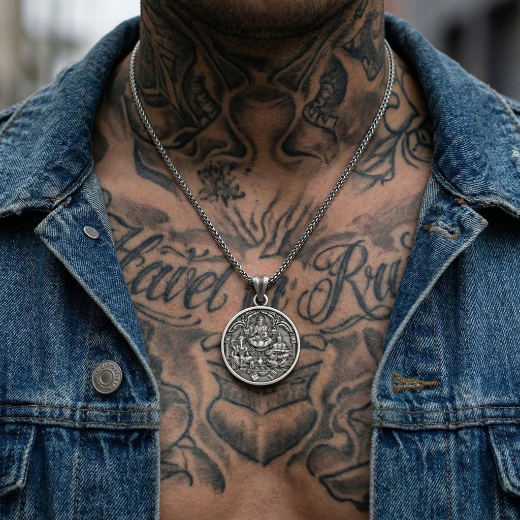 Lakshmi Ganesh Saraswati Kolyesi Oksitlenmiş Gümüş Hindu Takısı