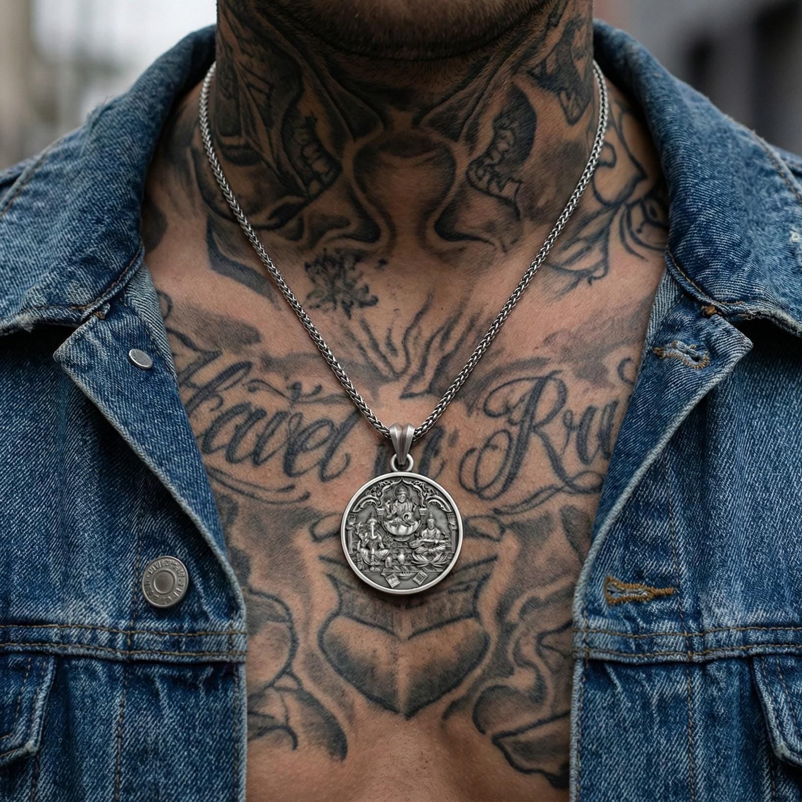 Lakshmi Ganesh Saraswati Kolyesi Oksitlenmiş Gümüş Hindu Takısı