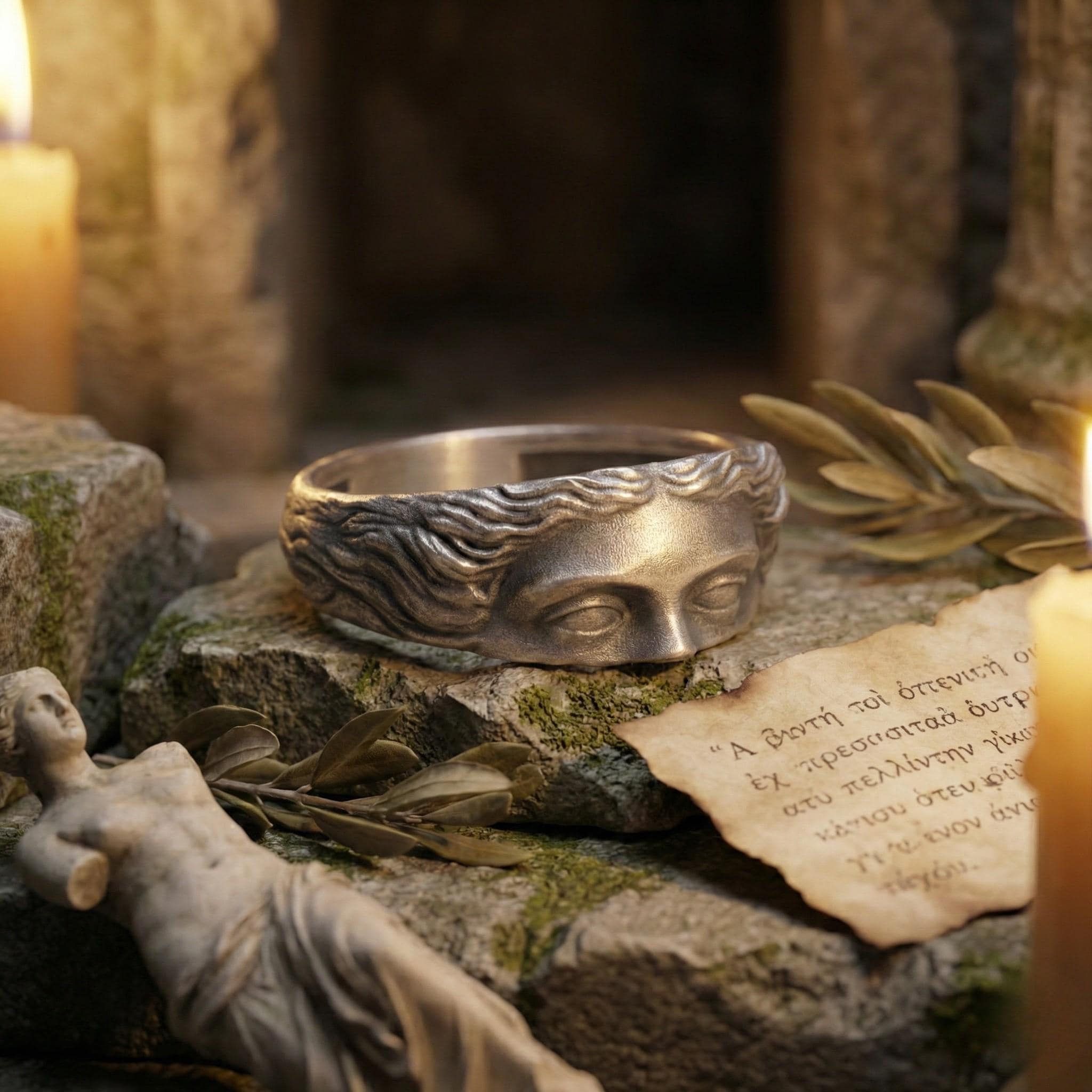 a silver ring with a face design, surrounded by a stone statue, a candle, and a piece of parchment with text on it.