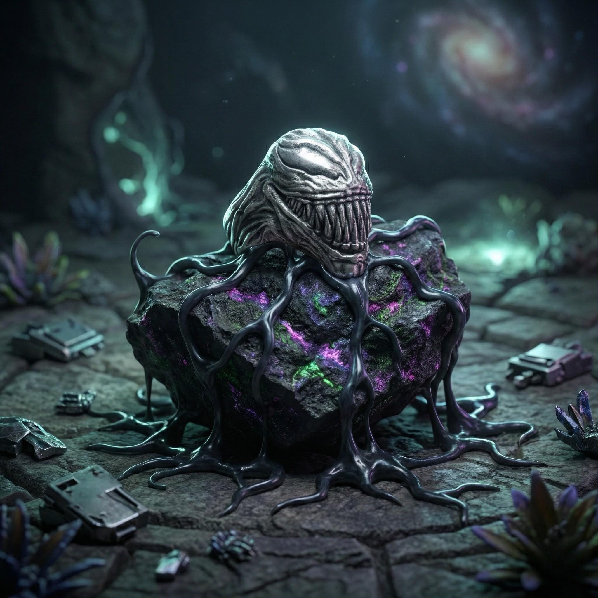 A large, metallic creature with sharp teeth and a menacing expression is perched atop a rock formation in a dark, mysterious environment.