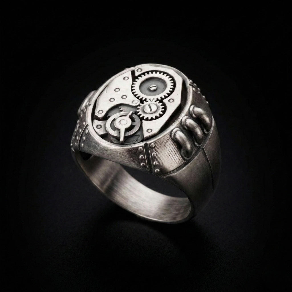 A silver ring with a complex mechanical design, featuring gears and other intricate details.