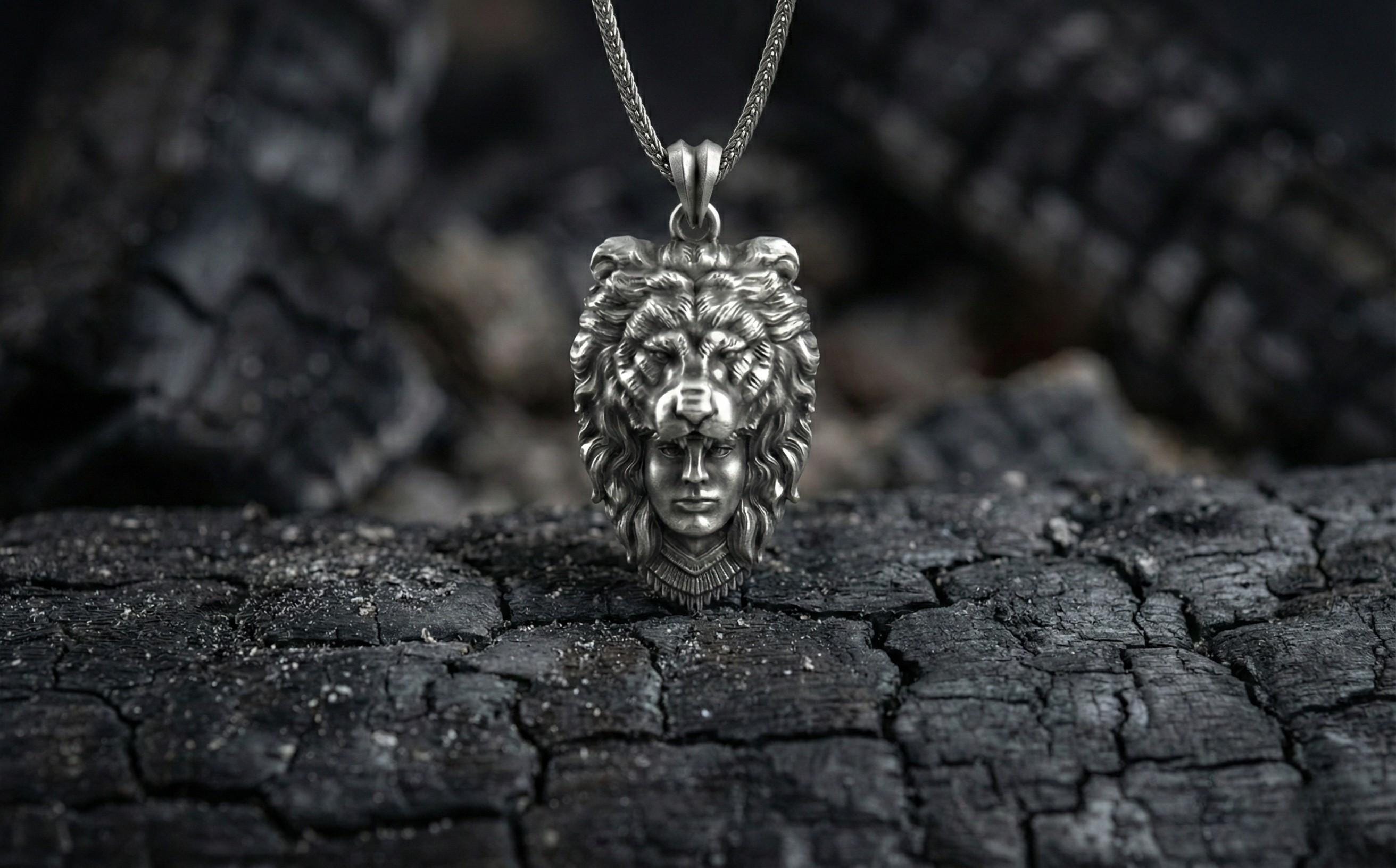 Aslan Başı Takan Avcı Kolye Gümüş Savaşçı Temalı Takı