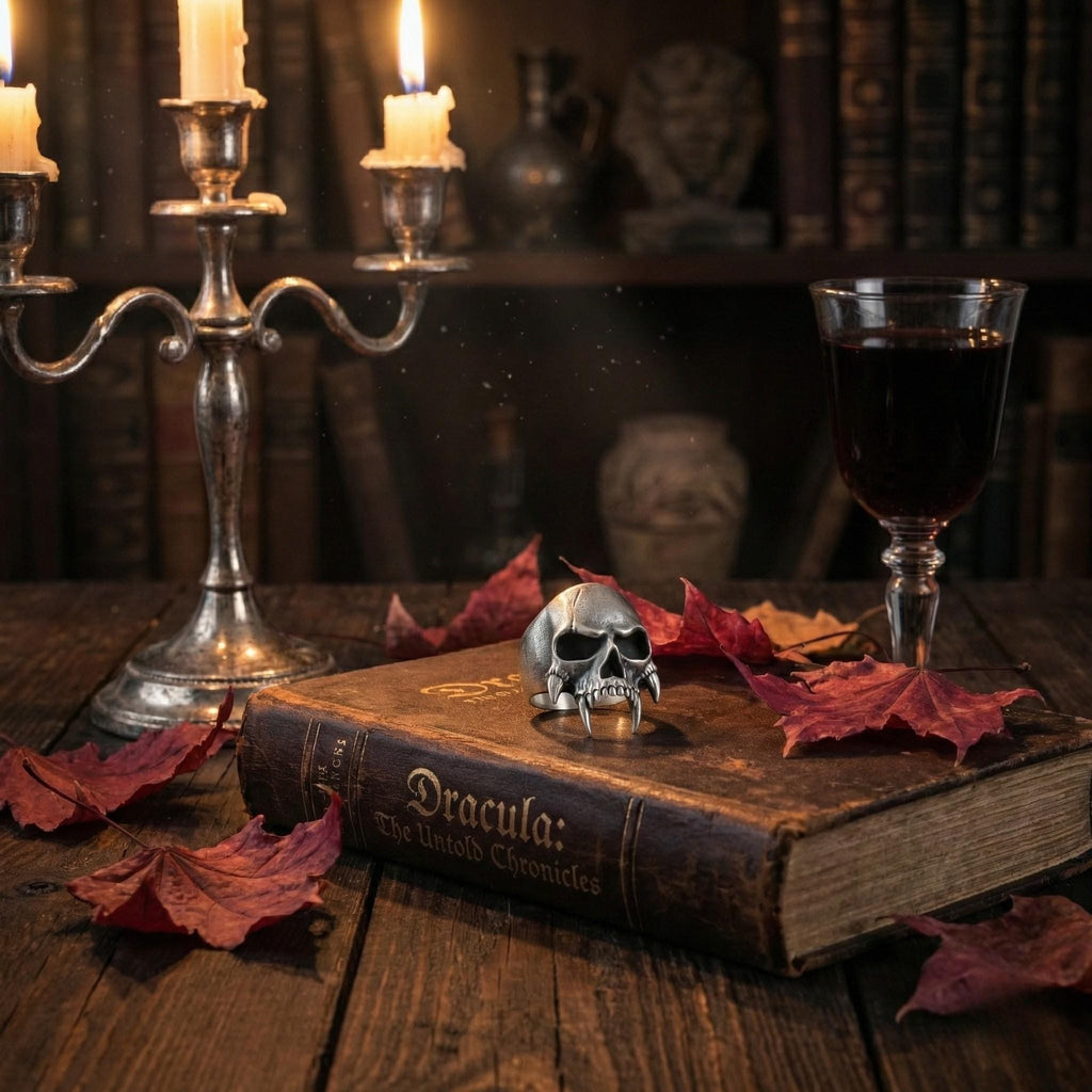 a book titled "Dracula: The Unobstructed Chronicles", a skull ring, a glass of wine, and a candelabra with three candles on a wooden table.