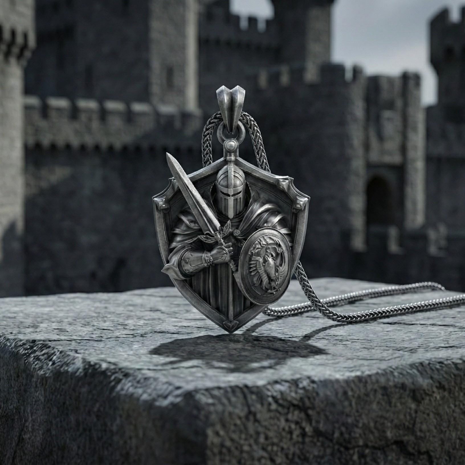 Şövalye Kalkanı Gümüş Kolye Ortaçağ Savaşçı Takısı