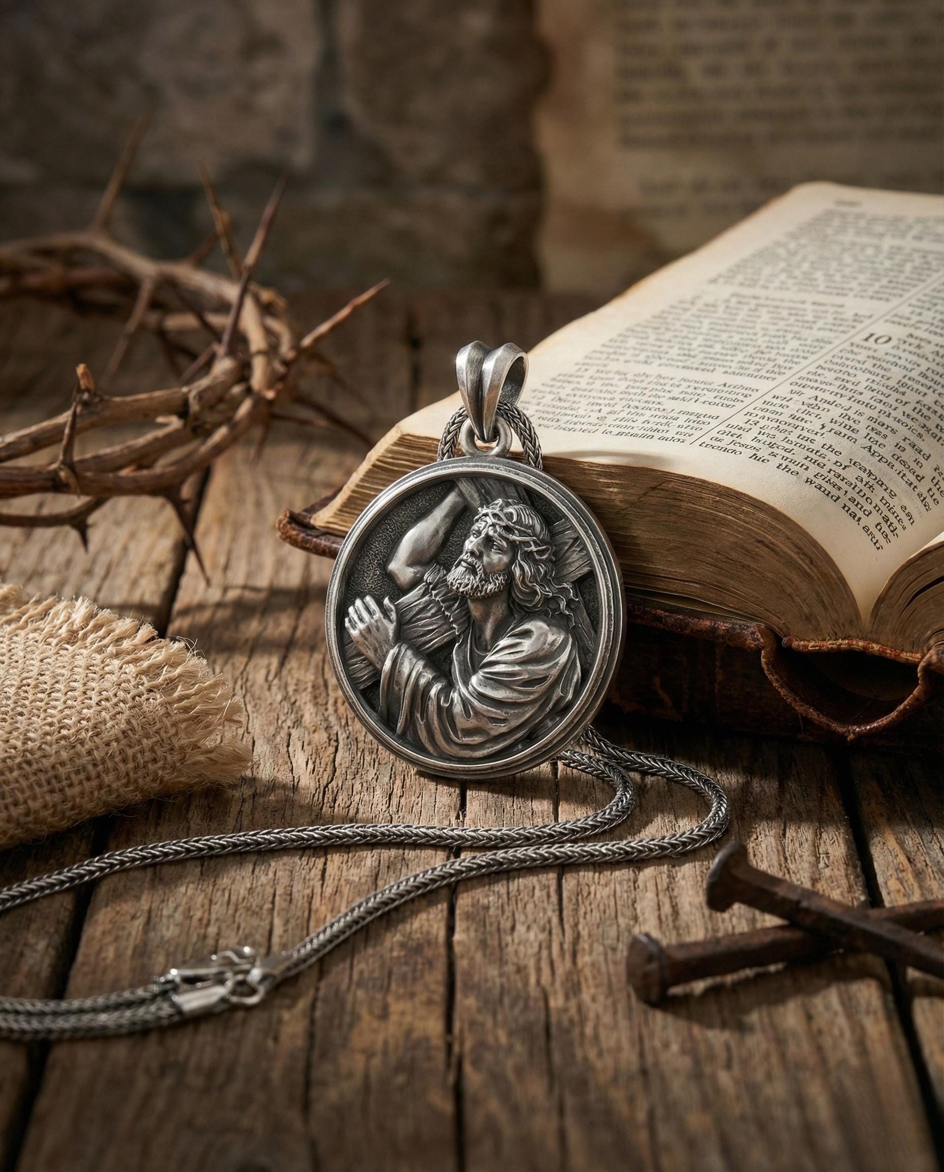 Antik Gümüş İsa'nın Çarmıh Taşıdığı Kolye Ucu Hristiyan Madalyon Takı