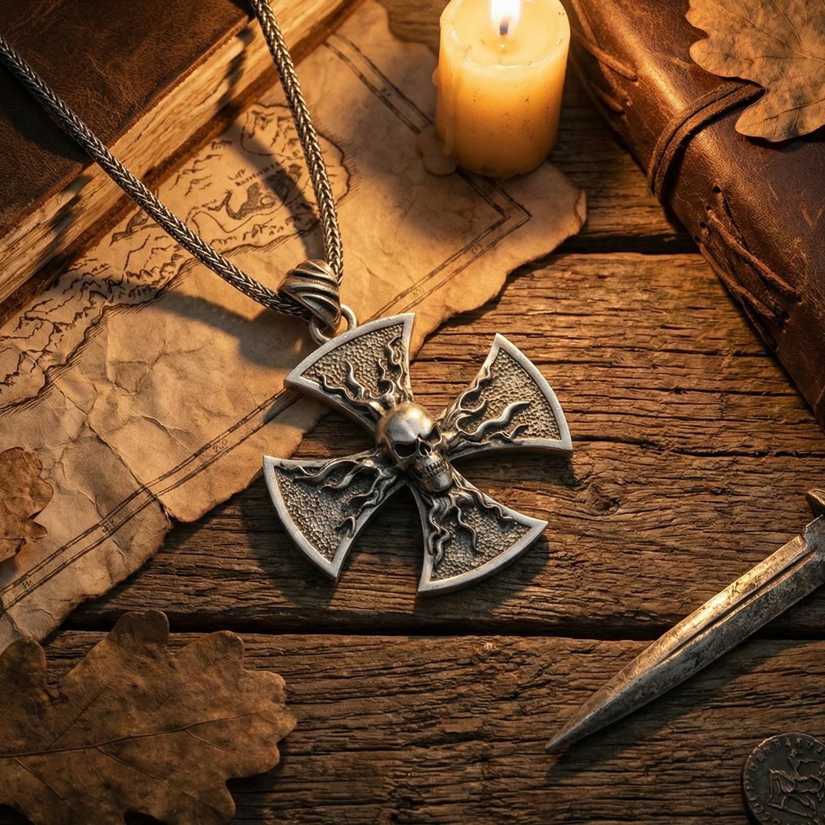 Oksitlenmiş Gümüş Kafatası Haç Kolye Gotik Alev Desenli Gösterişli Takı