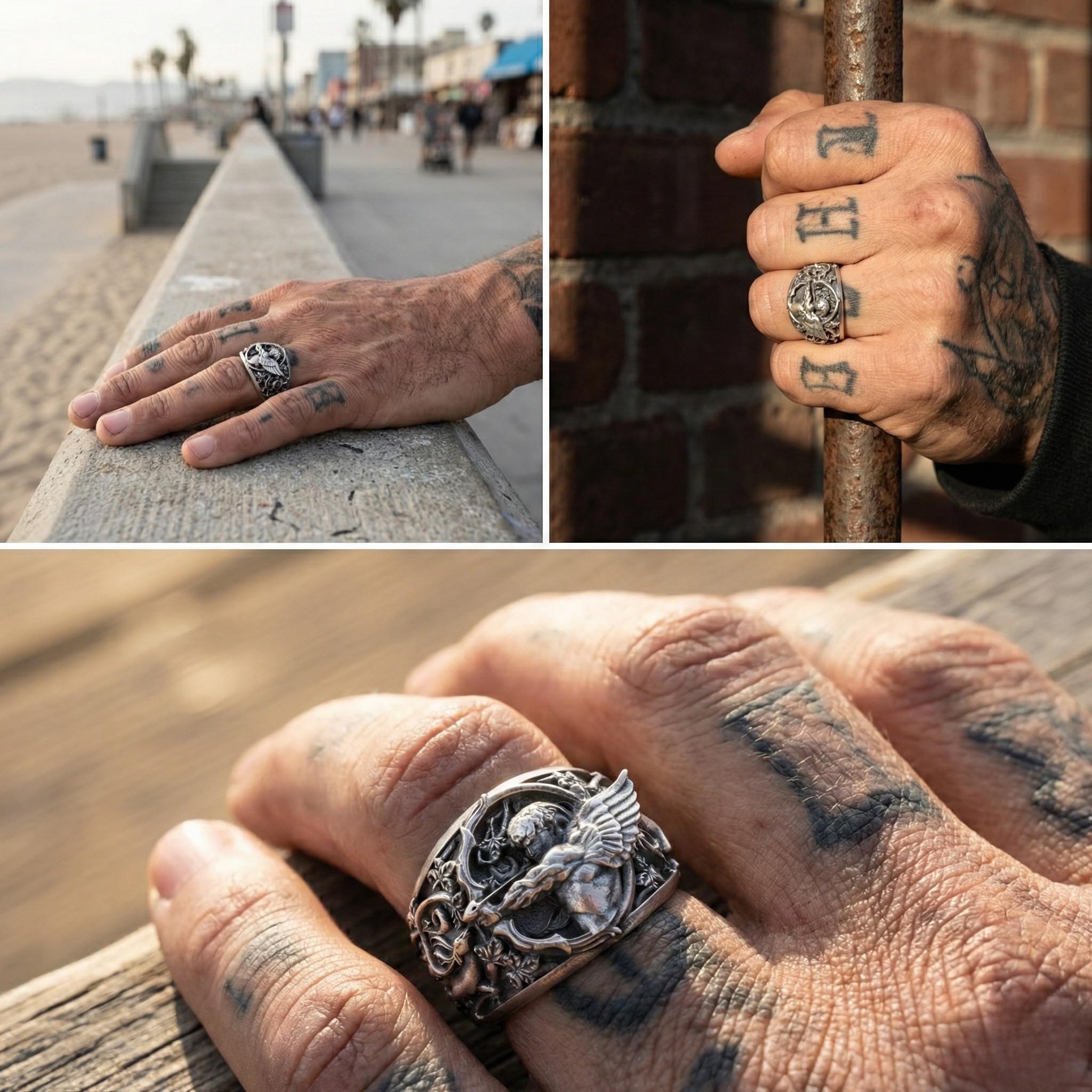 A collage of three images showing a person's hands with tattoos, a close-up of a silver ring, and a close-up of a hand holding a pole.