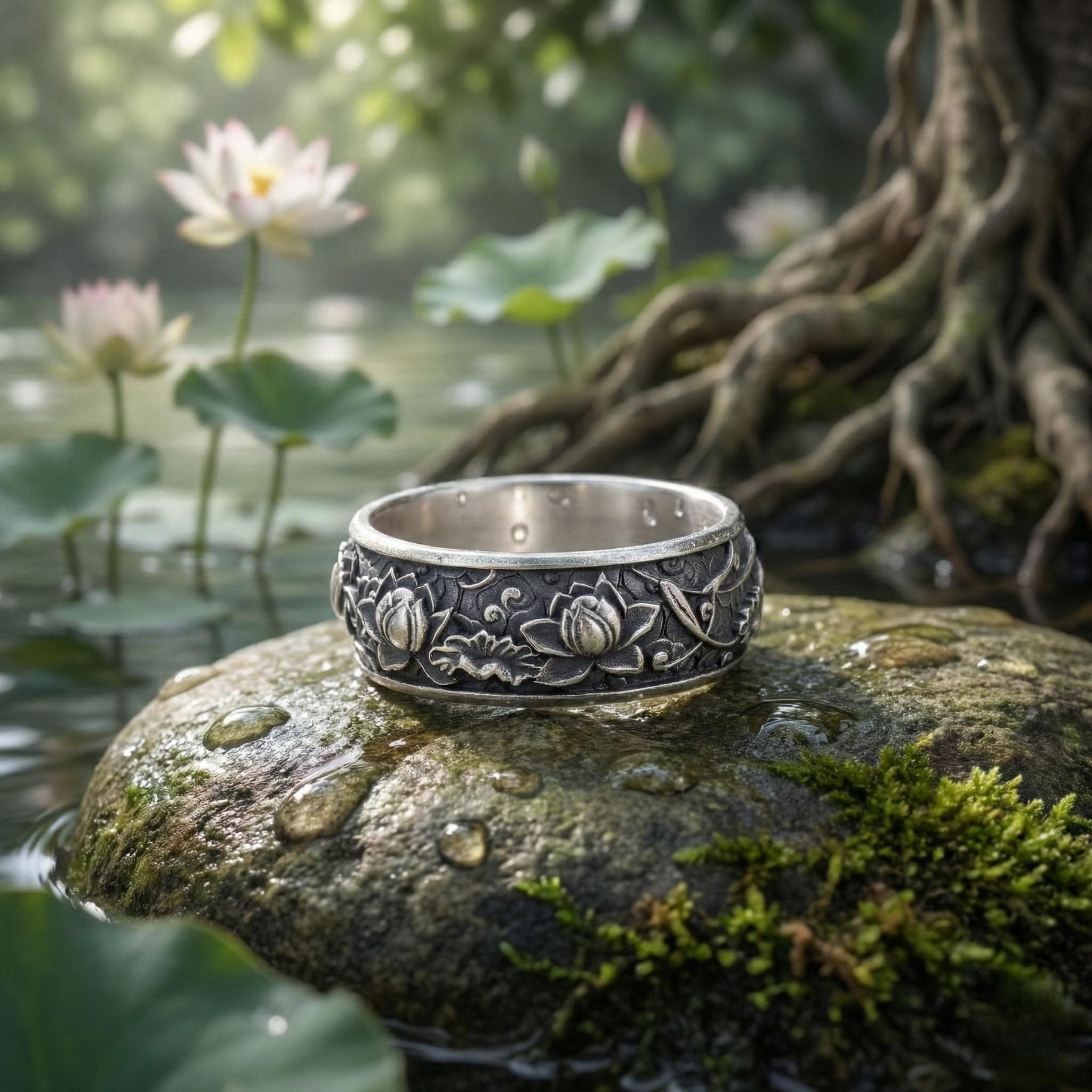 A silver ring with an intricate floral design sits on a mossy rock in a tranquil pond setting, surrounded by lily pads and other aquatic plants.