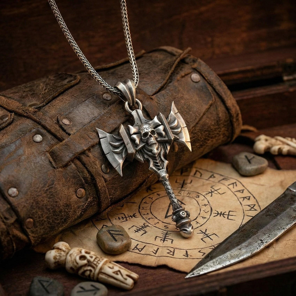 Savaş Baltası Kolye Ucu Oksitlenmiş Gümüş Kafatası Savaşçı Temalı Takı