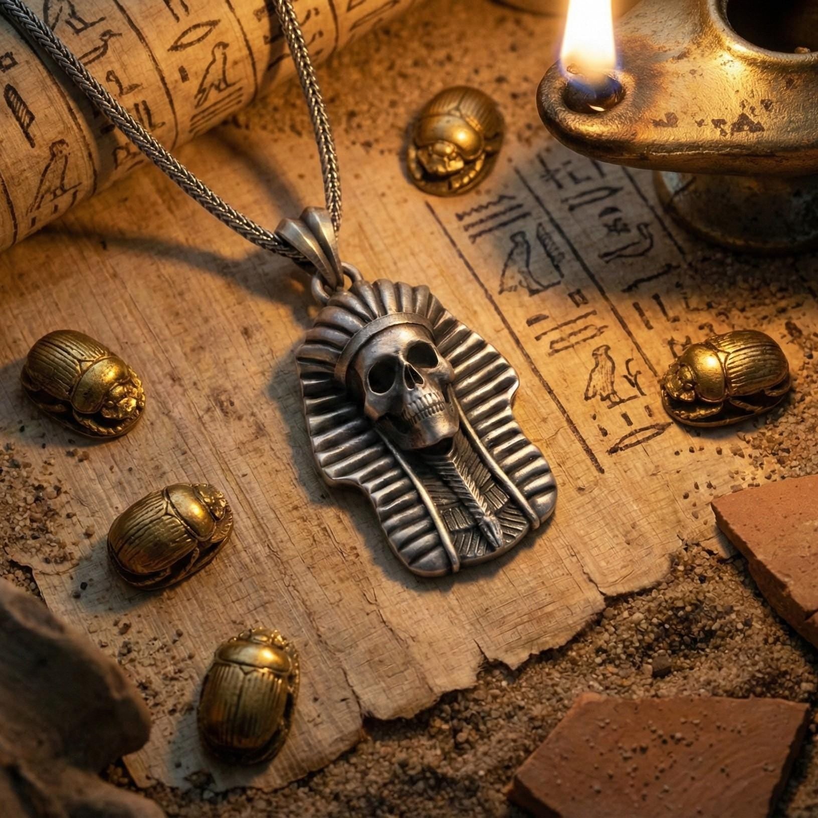 Mısır Firavunu Kafatası Kolye Ucu Oksitlenmiş Gümüş Mısır Mitolojisi Temalı Takı