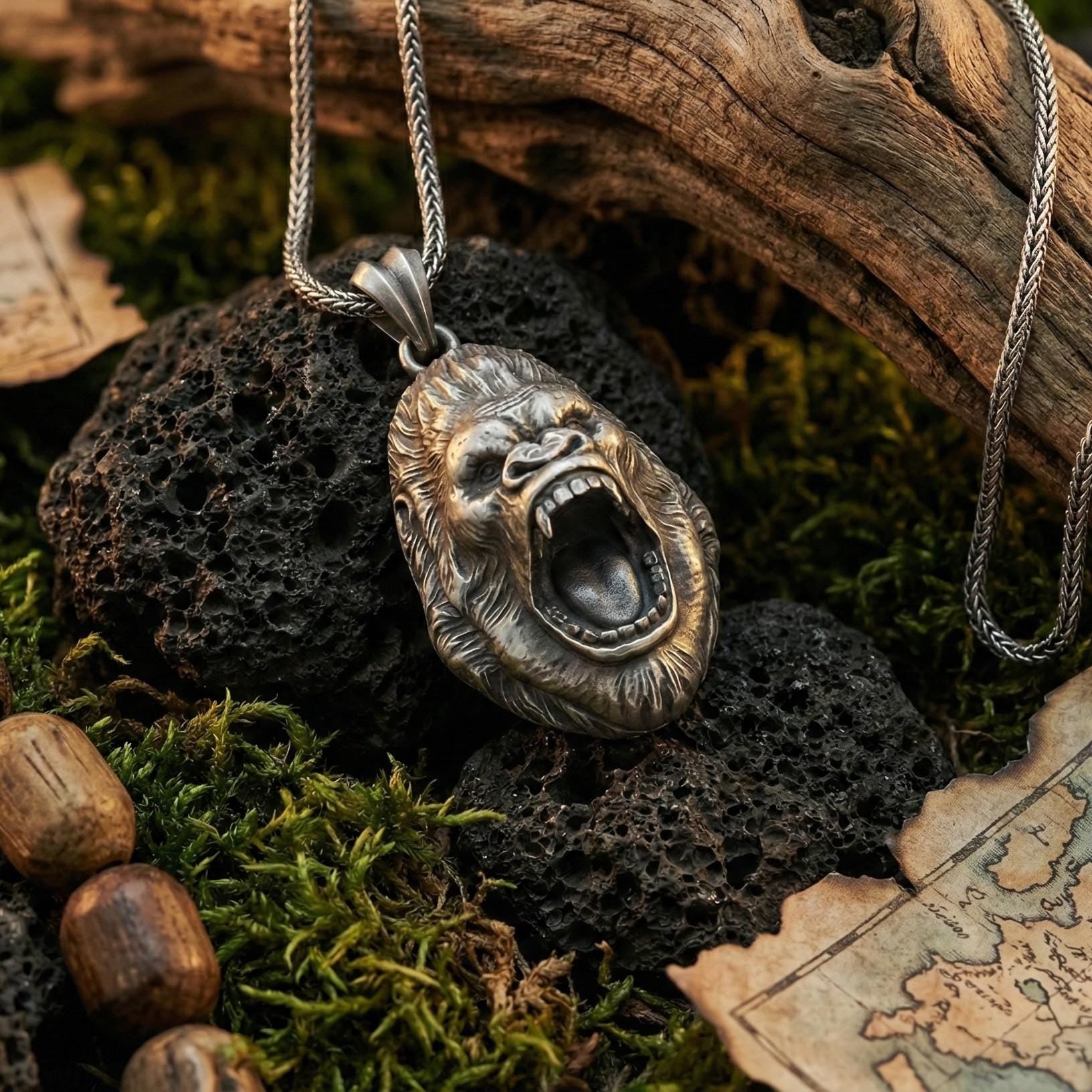 Oksitlenmiş Gümüş Goril Kafası Kolye