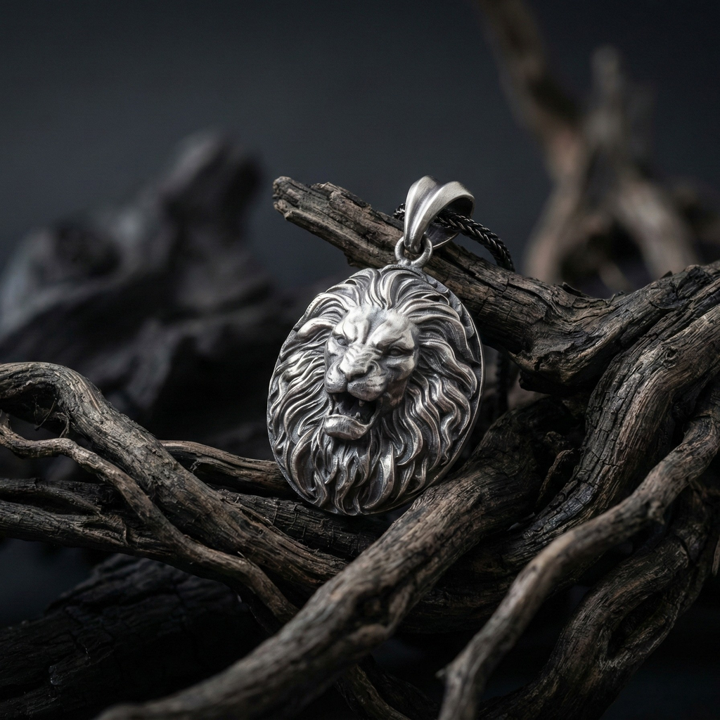 Aslan Kolye: Oksitli Gümüş - El Yapımı Erkek Takısı