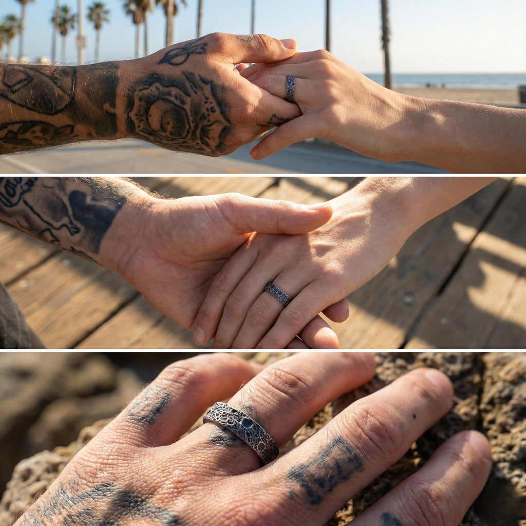 A collage of three images showing a couple holding hands, with the focus on the rings on their fingers.