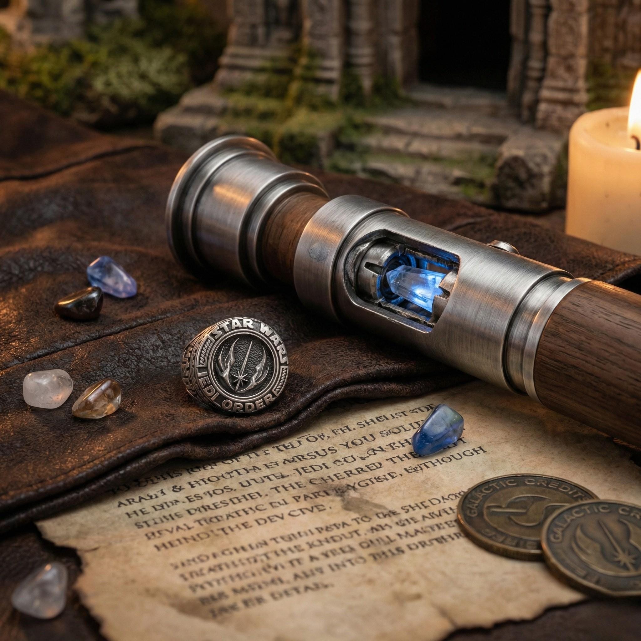 a Star Wars-themed lightsaber with a glowing crystal, surrounded by various Star Wars memorabilia such as a ring, coins, and a piece of paper with text.