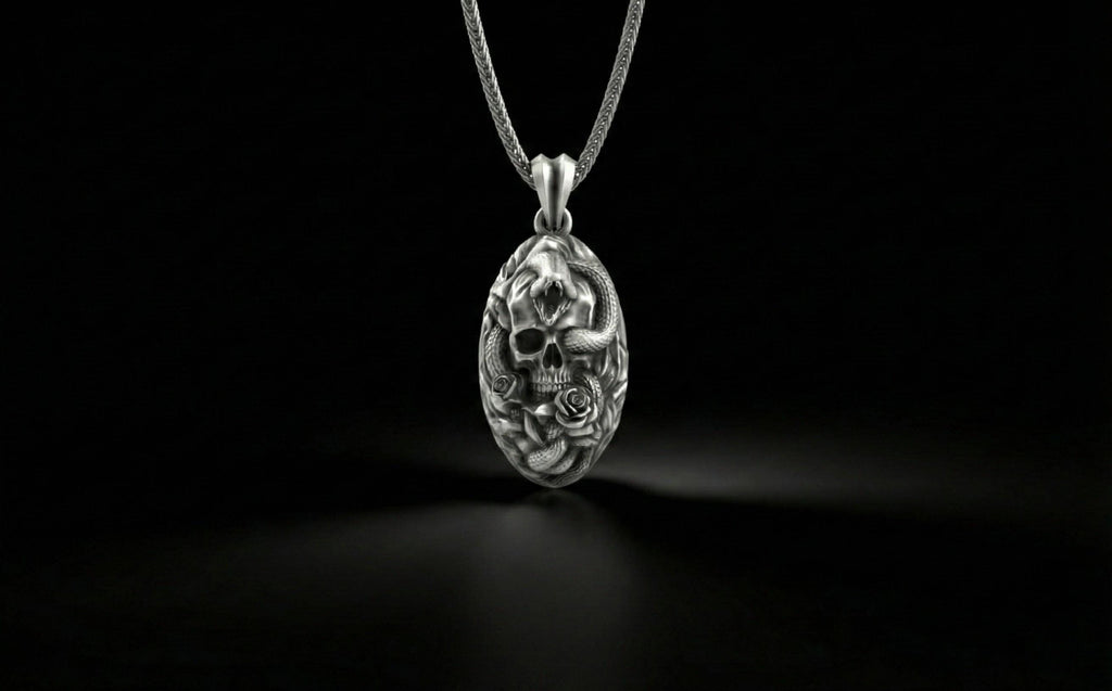 Gümüş Yılan Ve Kafatası Kolye Gotik Tak