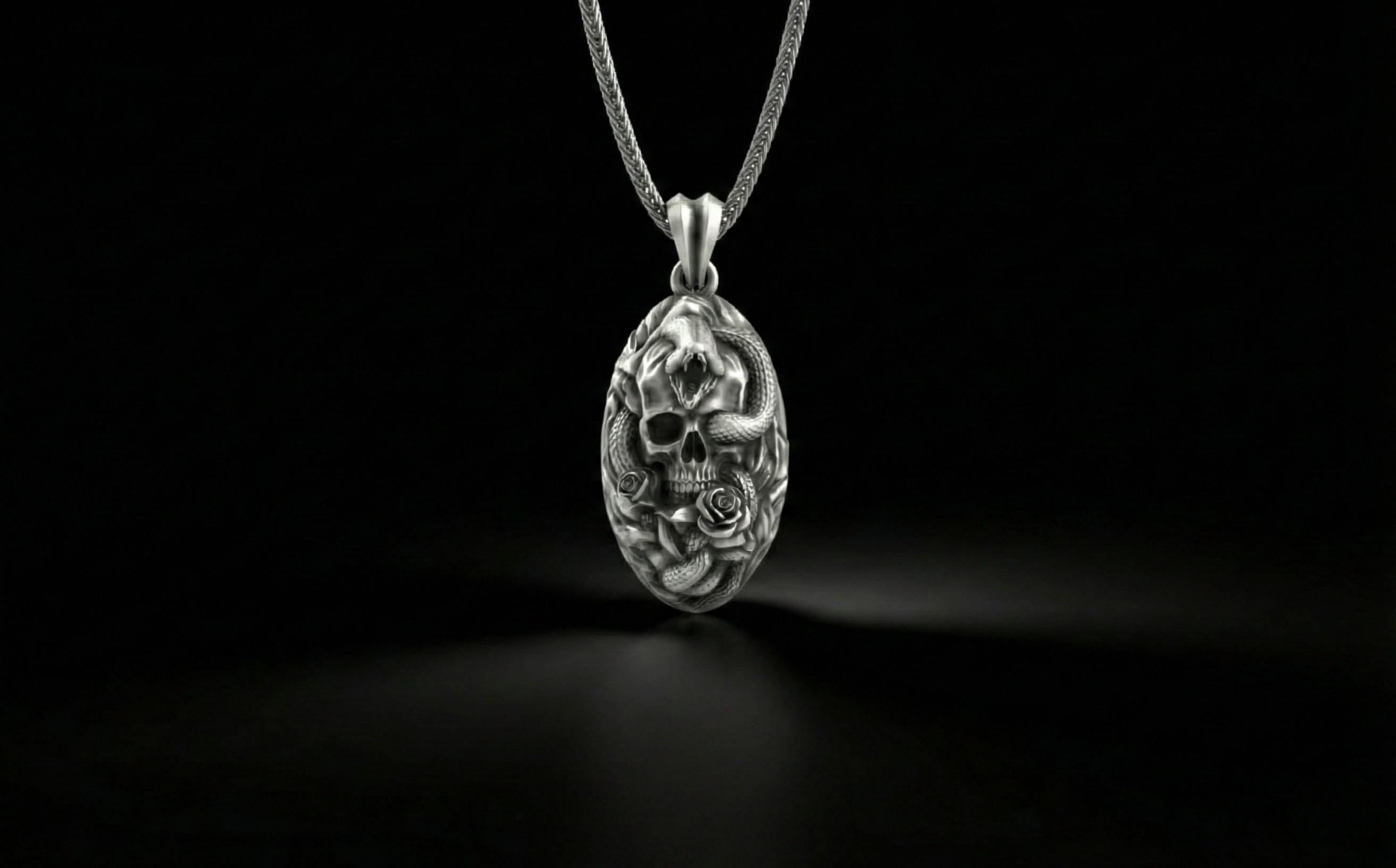 Gümüş Yılan Ve Kafatası Kolye Gotik Tak